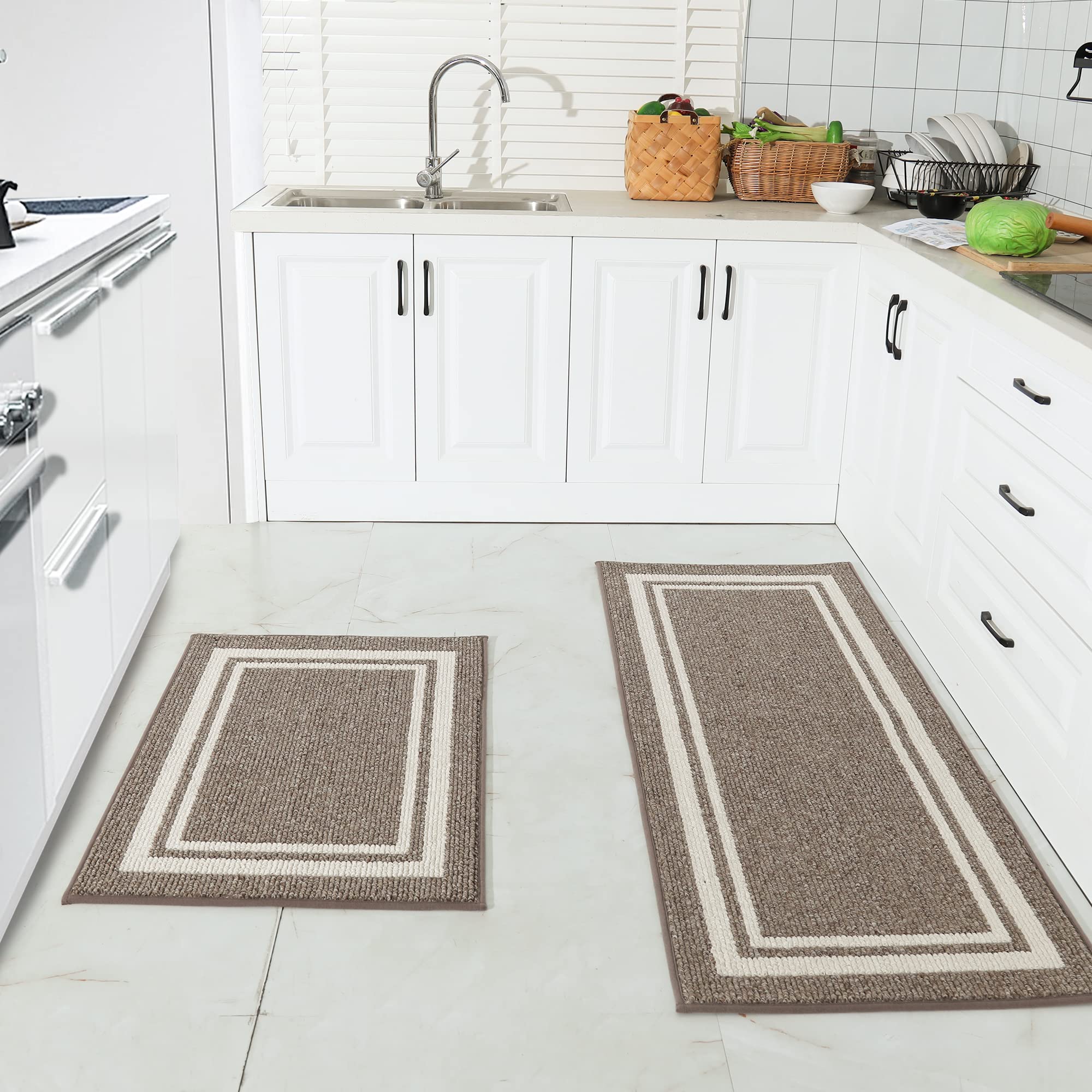 COSY HOMEER Kitchen Mat [2 PCS] Thick Kitchen Rugs Non-Skid 24"x35"+24"x60"Kitchen Mats and Rugs Ergonomic Comfort Standing Mat for Kitchen, Floor , Brown Frame