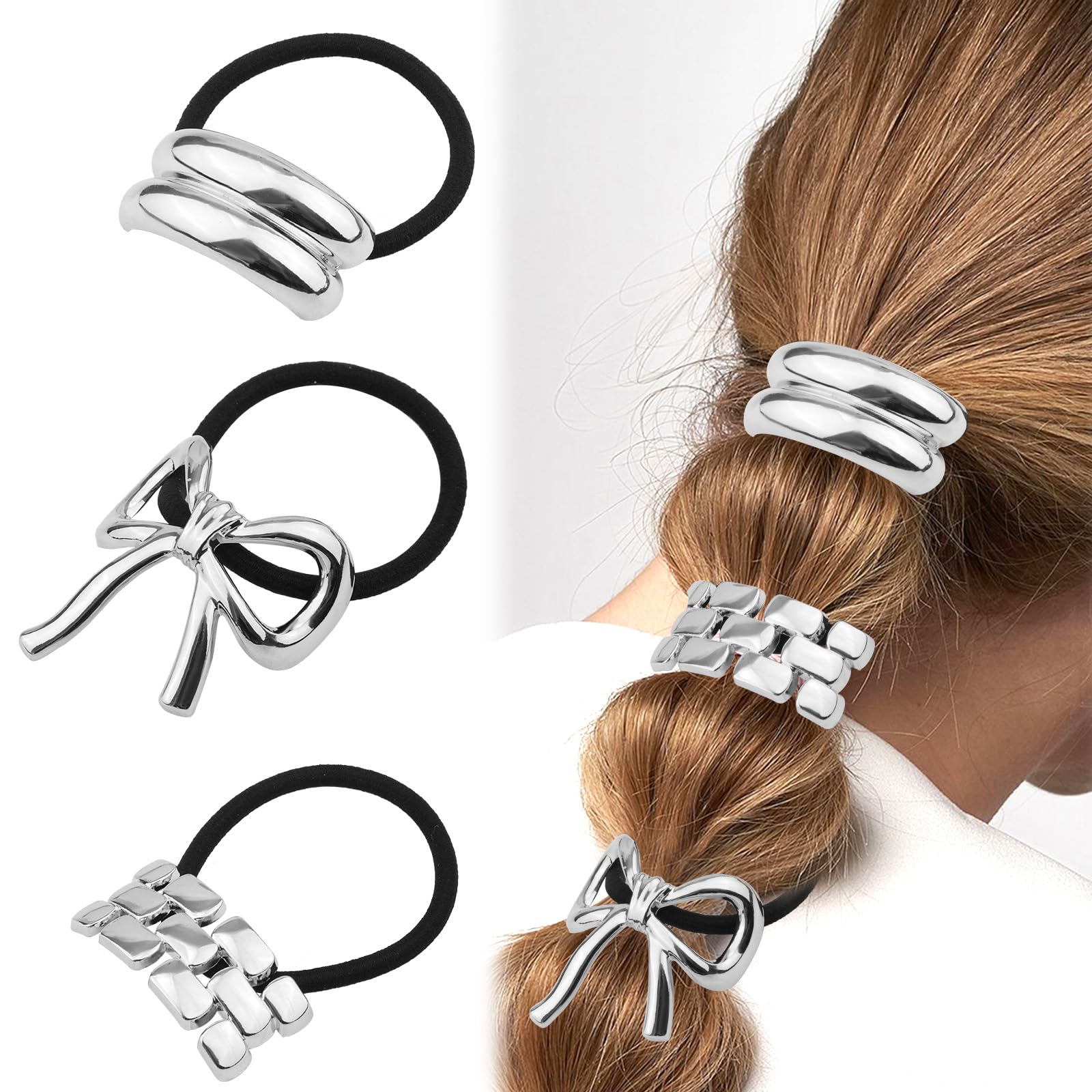 3-teiliges Set Silberne Haarmanschetten – Metall-Haargummi Für Pferdeschwanz, Elegant & Rutschfest