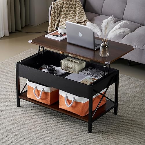 Miniatura 10 de VINGLI Mesa de centro elevable de 36" con contenedores de almacenamiento de tela gratis, mesas de centro negras rústicas de granja para sala de