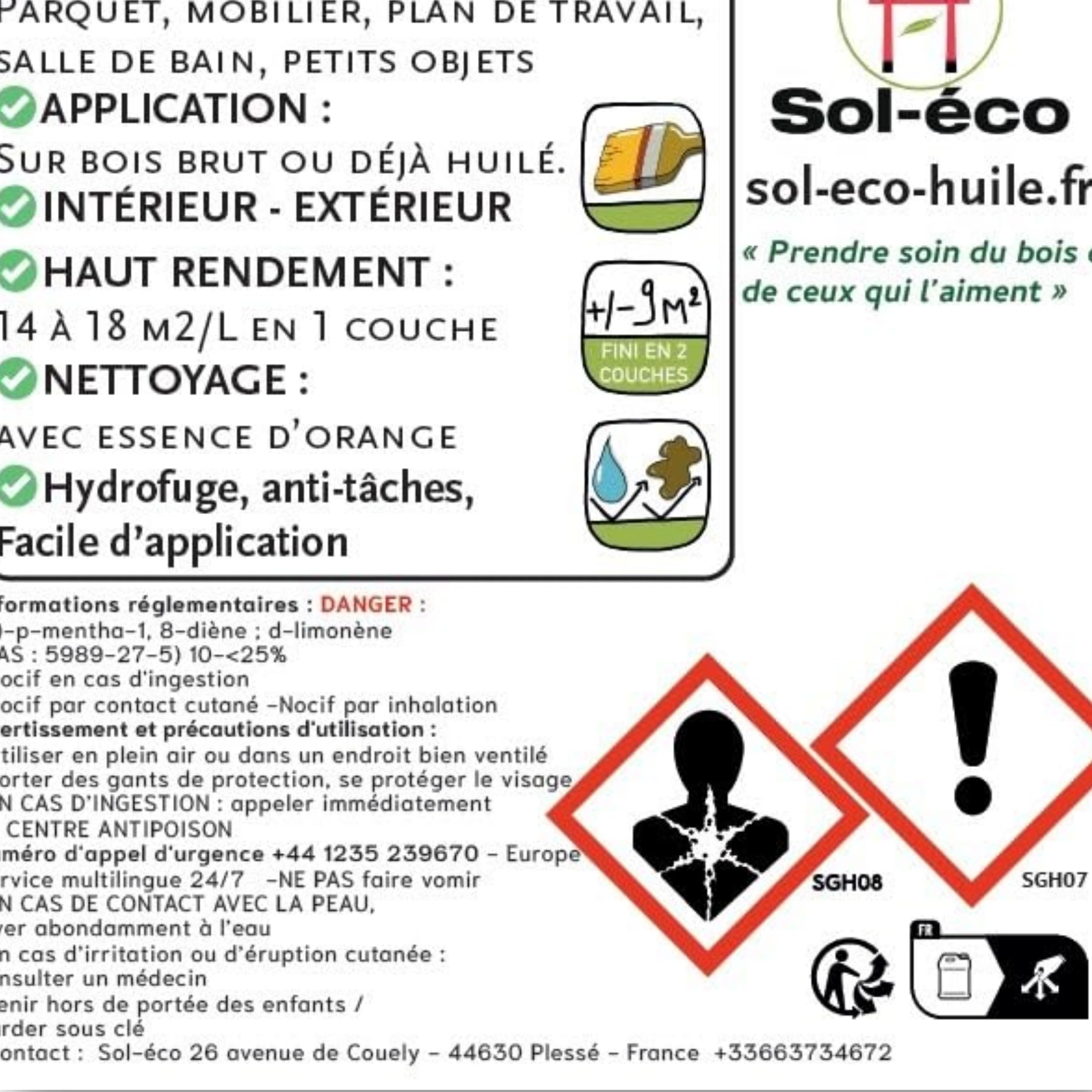 (Sol-éco) Huile Haute Protection. Protège le bois intérieur extérieur 1L | Fluide et pénétrante - Tung et huile d'orange (D-limonène) - Parquet, plan de travail, salle de bain, Hydrophobe