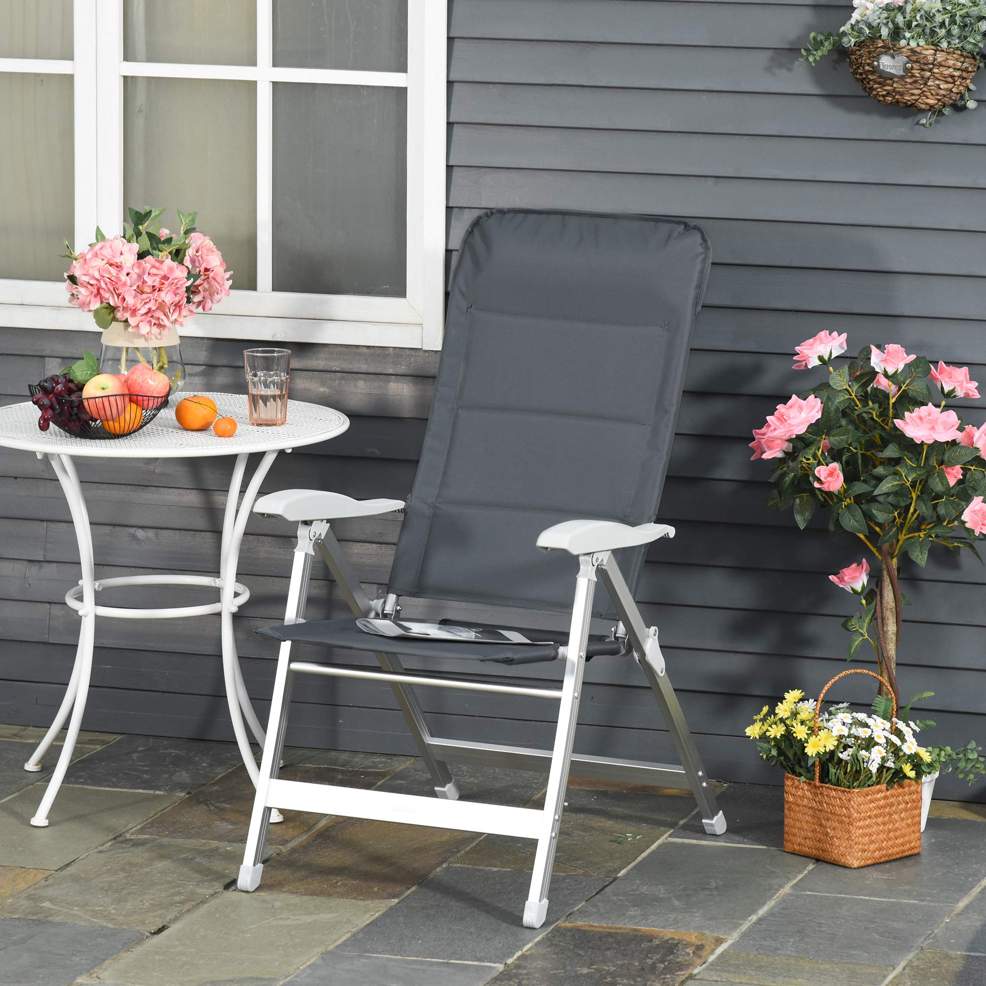 Outsunny Silla de Jardín Plegable Portátil de Aluminio con Respaldo Alto Ajustable en 8 Posiciones y Reposacabezas Acolchado para Exterior Terraza Camping 75x61,5x115 cm Gris