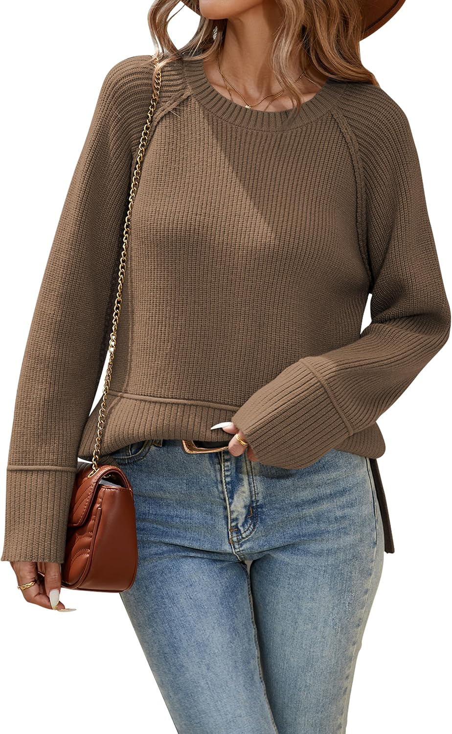 Cakulo Womens Oversized Sweaters Split 2025 Fall Knit Long Sleeve Crew Neck Ribbed Pullover Loose Cozy Soft Sweater - Image 5