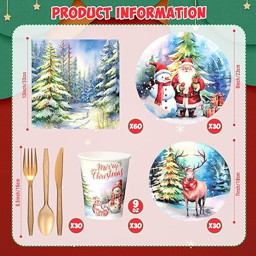 Miniatura 2 de 240 platos y servilletas de papel de Navidad para 30 invitados, suministros de fiesta de Navidad, juego de vajilla desechable de Navidad, platos