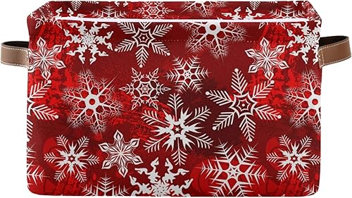 senya Cesta de Navidad grande plegable de Navidad con asas, patrón rojo de Navidad con copos de nieve, tela de flores, contenedores de senya Cesta de Navidad grande plegable de Navidad con asas, patrón rojo de Navidad con copos de nieve, tela de flores, contenedores de