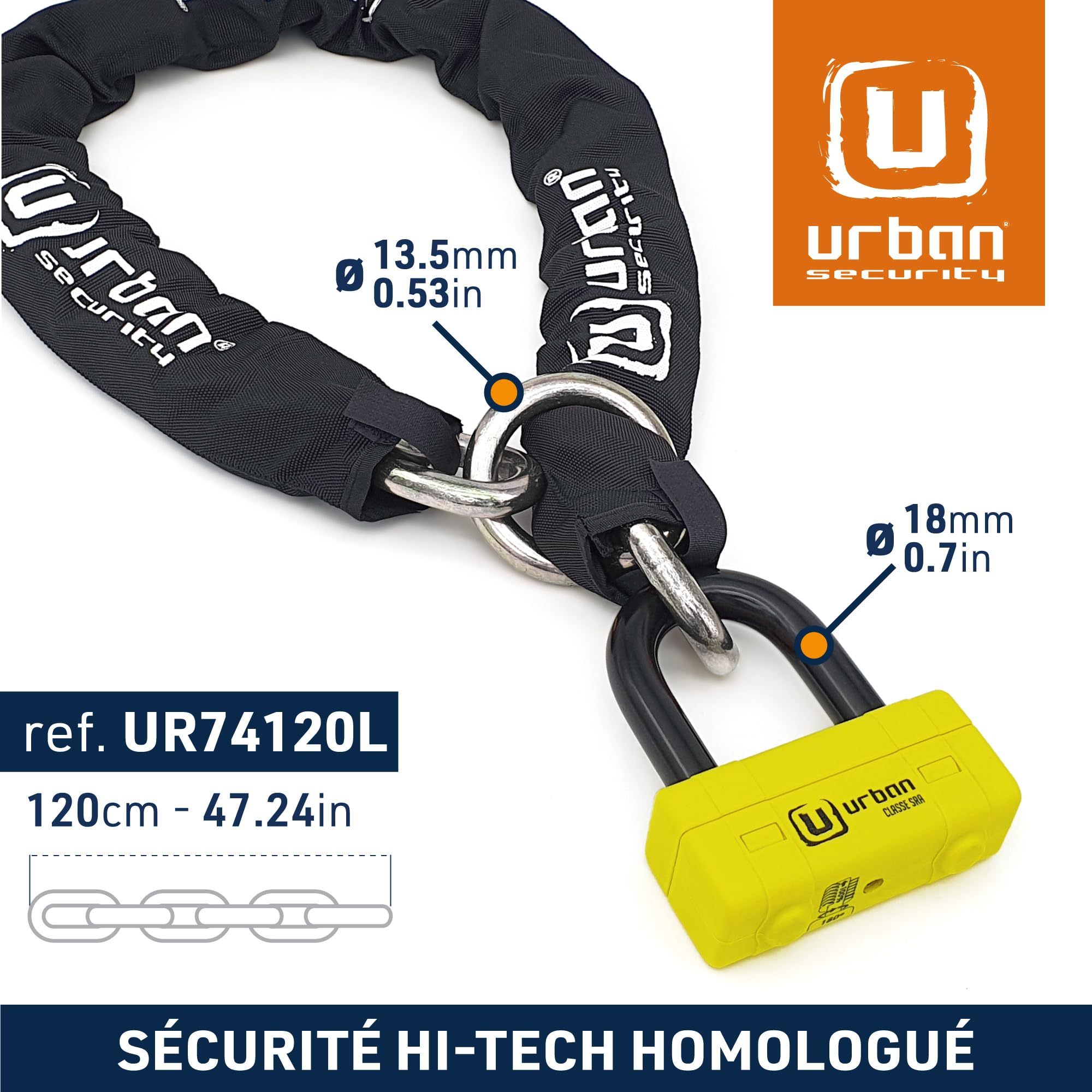 URBAN UR74120L Antivol Moto Homologué SRA, Mini U 18mm + Chaîne Haute Sécurité Acier Cémenté 13,5mm Testée Contre Coupe-Boulons, Multifonction Bloque Disque + Chaîne 120cm Lasso +Polyvalente