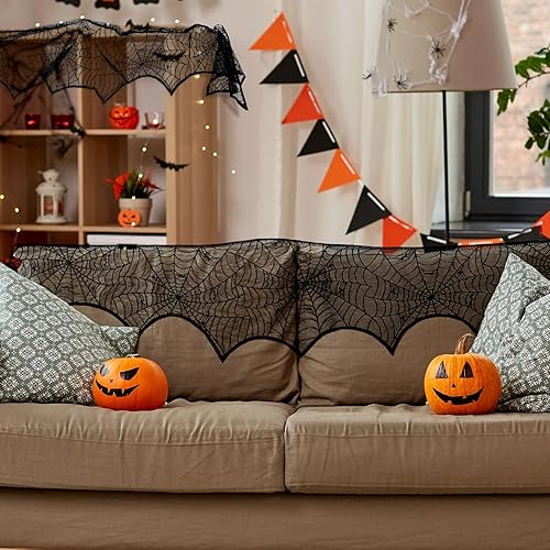 Miniatura 4 de Bufanda de Halloween para chimenea, 18 x 96 pulgadas, cubierta de encaje negro para decoración de Halloween, suministros de fiesta festiva