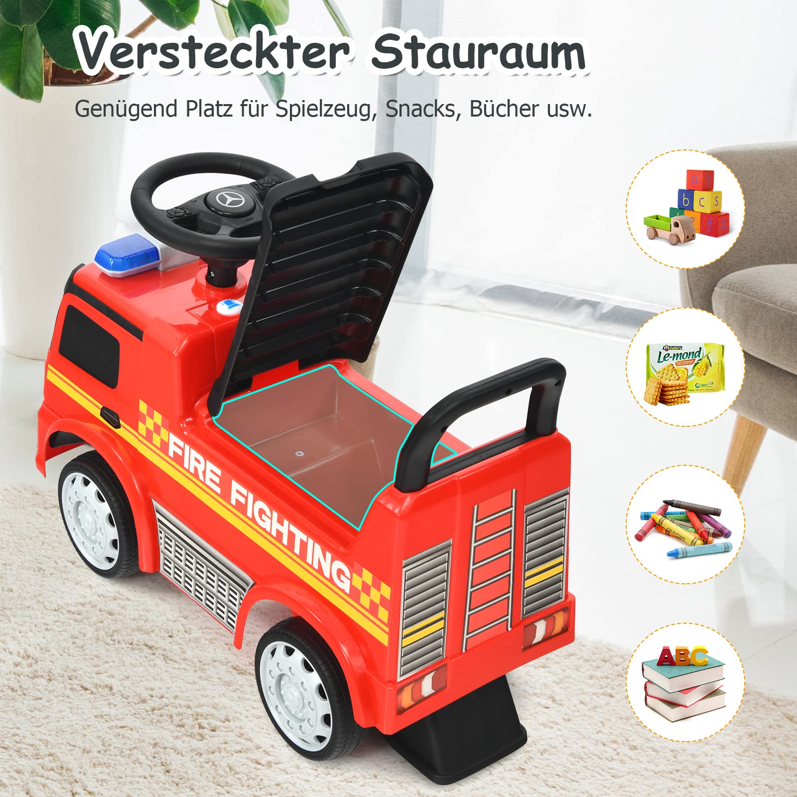 DREAMADE Rutschauto mit Lichter, Musik und Sirene, Rutscher für Kinder 18-36 Monate, Rutscherfahrzeug mit Kippkübel & Abnehmbarer Schaufel (Feuerwehrwagen)