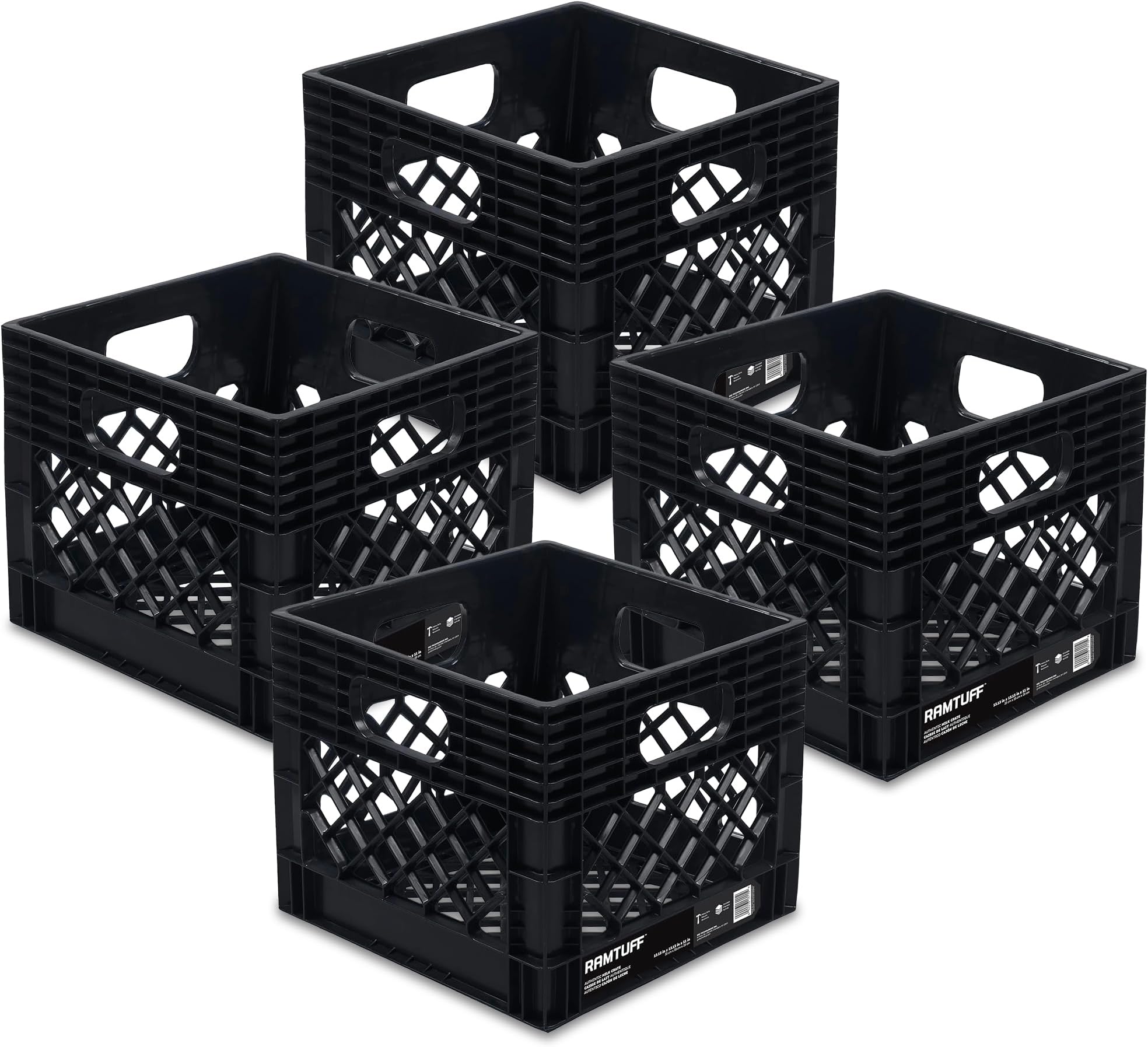 Ramtuff 4 Pack Storage Milk Crate, Durable Plastic Home Organizers, Stackable Box Set with Reinforced Handles, 250 lb Load Capacity, Black