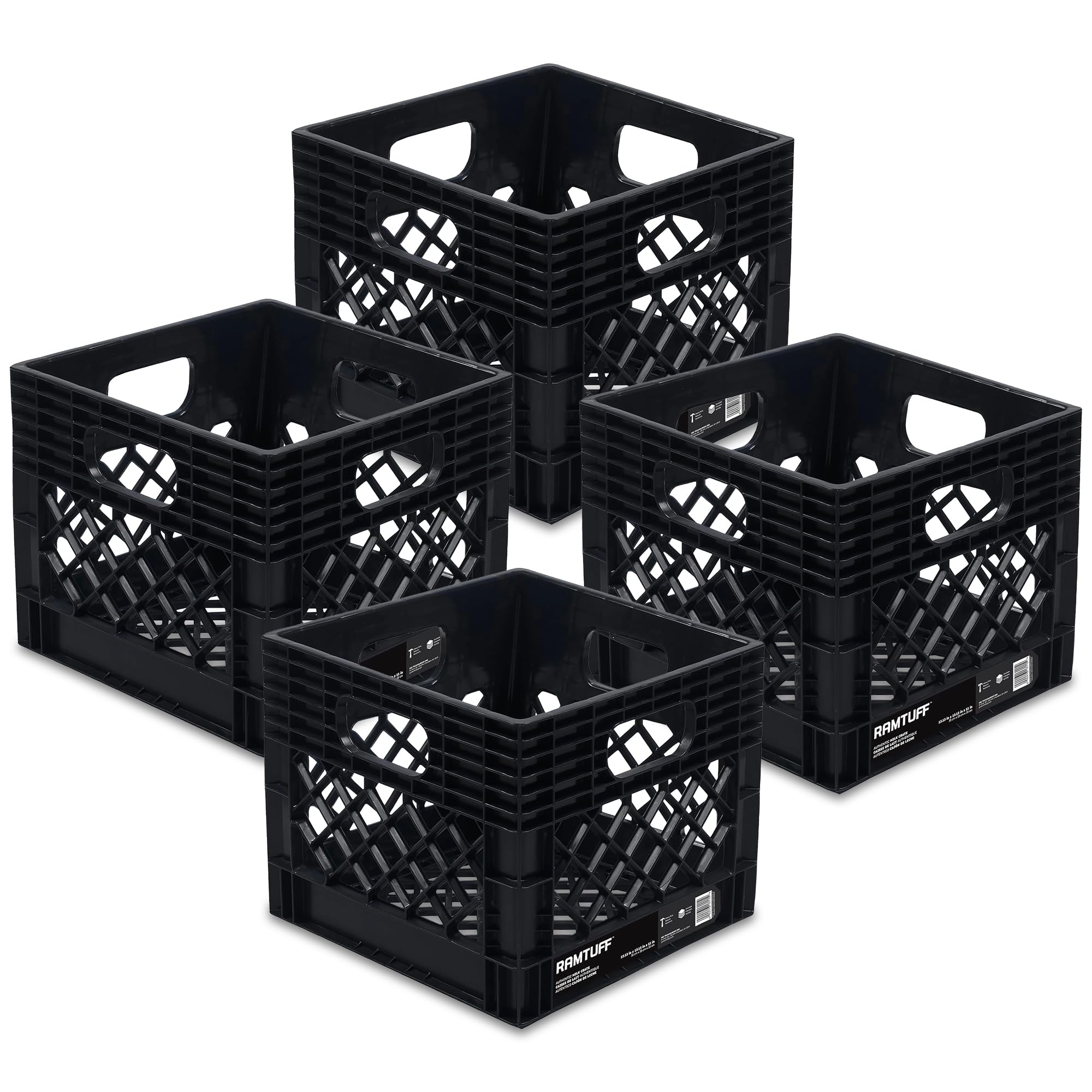 Ramtuff Heavy-Duty Milk Crate 4-Pack, Easy-Grip Handles, Medium Black Storage Crates, 13" L x 13" W x 11" H