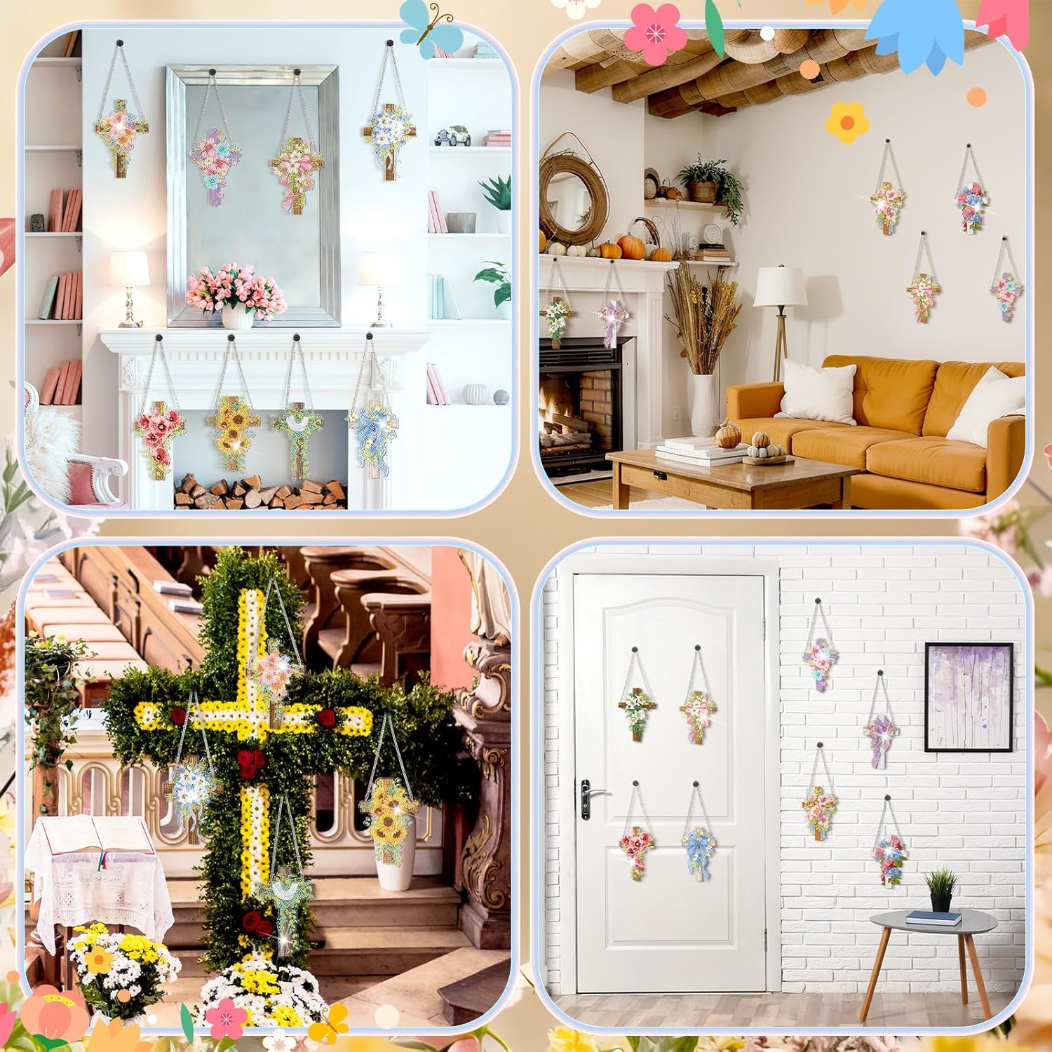 AmazingSpark 12 Pcs Spring Easter Hanging Diamonds Art Kit, 5D DIY Cross Flowers Diamond Painting Pendant Ornament, Religious Diamond Art Kits for Adult Easter Christian Gifts Home Office Wall Decor