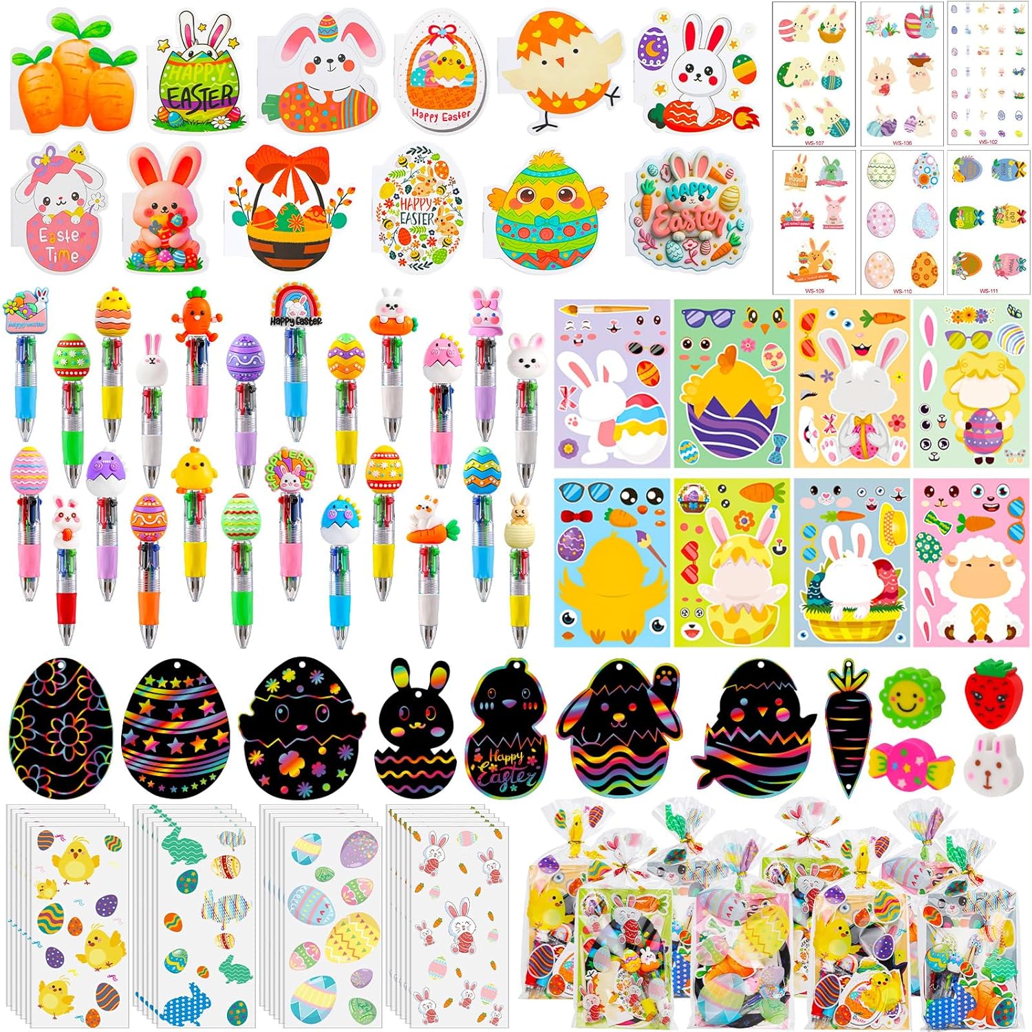 24 Pack Easter Party Favors Classroom Gifts Set with Classic Spring Designs, Easter Goodie Bags with Notebooks Pens Stickers Tattoos Scratch Art for Classroom Gifts Basket Stuffers