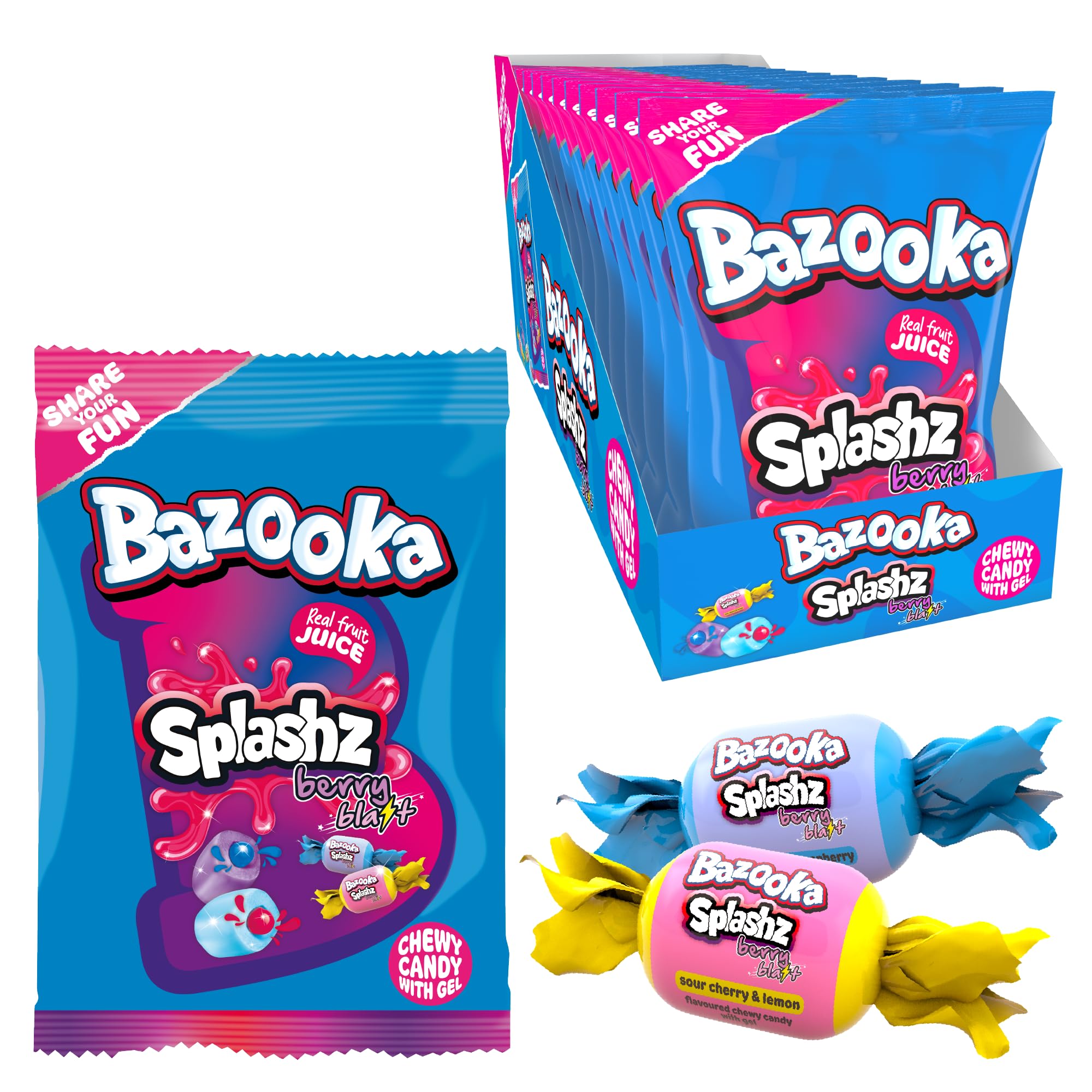 Bazooka Splashz (140g) Berry Blast Chewy Sweets, 2 Tasty Flavours in Each Sweet, Made with Real Juice, Wrapped Chew Sweets Perfect for Sharing - Halal Candy