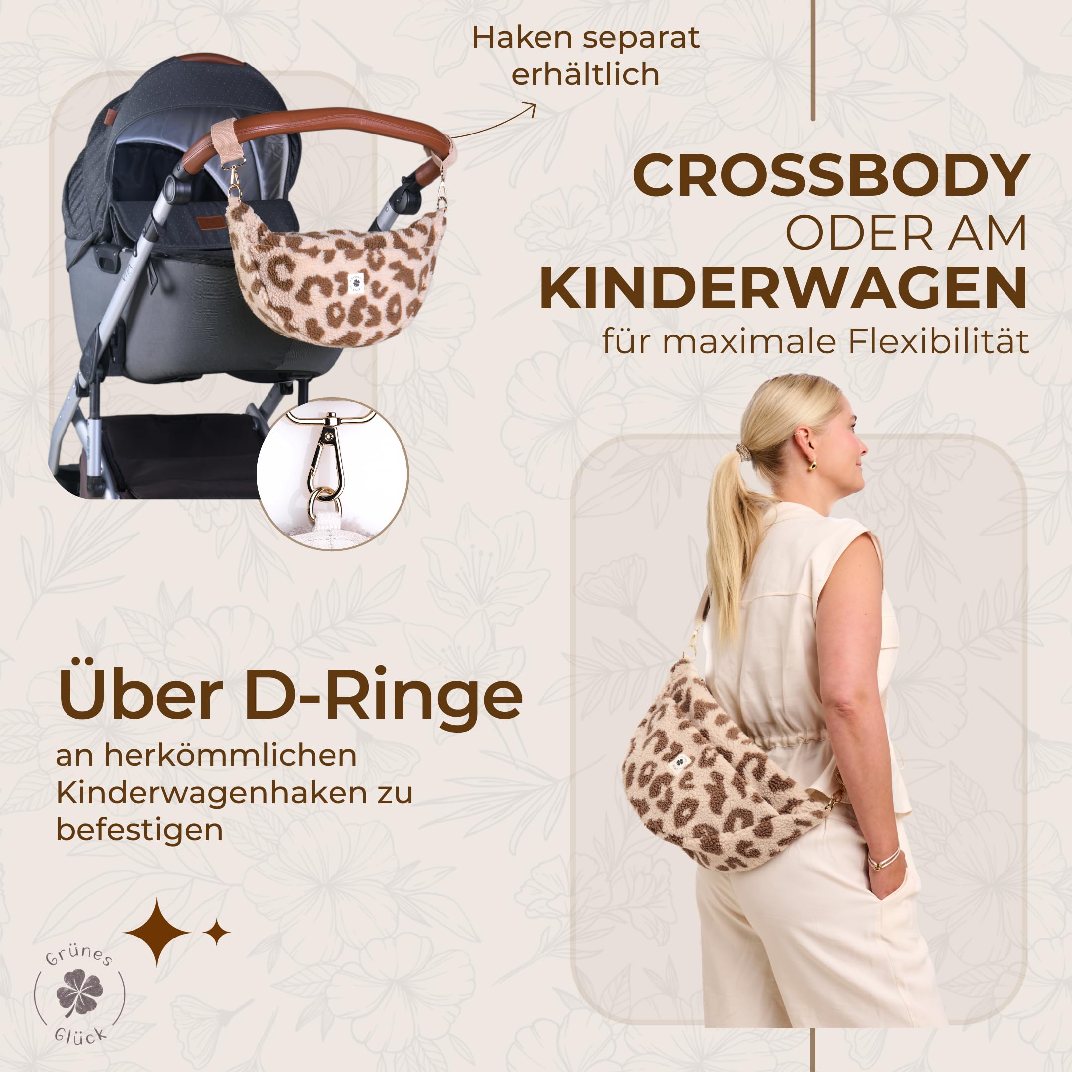 Teddy Moon Bag LARGE Damen mit Innen & Außentasche | Perfekt als Crossbody Bag mit verstellbarem Gurt | Teddy Tasche Damen auch als Kinderwagen Organizer geeignet