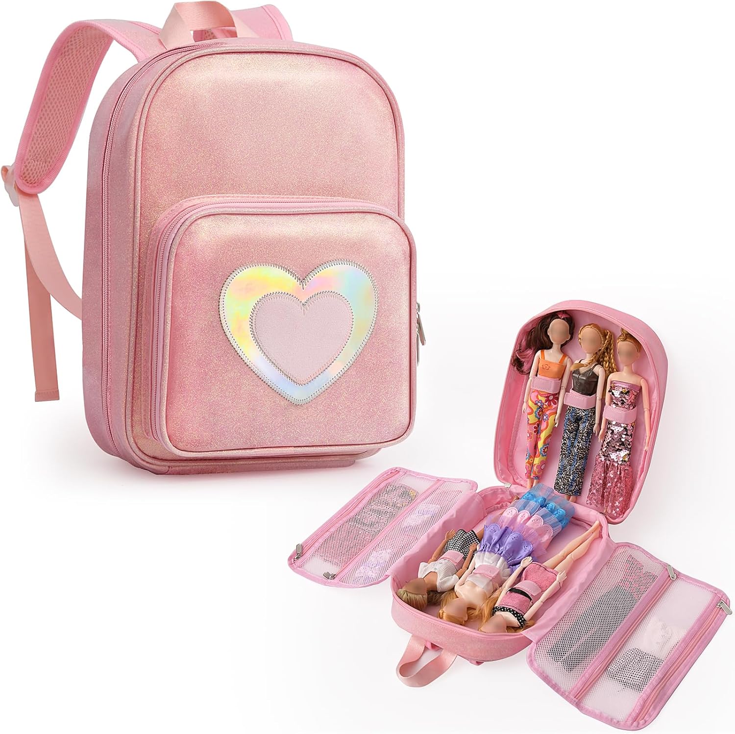 Carrying Backpack Compatible with Barbie Dolls 12-Inch, Fix Strips Holds up to 6 Dolls, Display Pockets for Doll’s Clothes, Accessories, Bag Only (Pink)