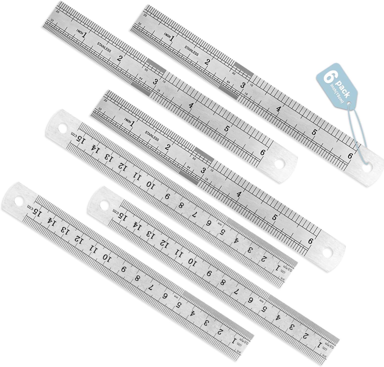 6 Pack Heavy Duty 6 Inch Steel Ruler Set - Mini Metal Measuring Rulers with Clear Markings, Rust-Resistant Short Rulers for DIY Hobby Drawing,15 CM Metal Straight Edge Ruler, 1/64, 0.5 MM