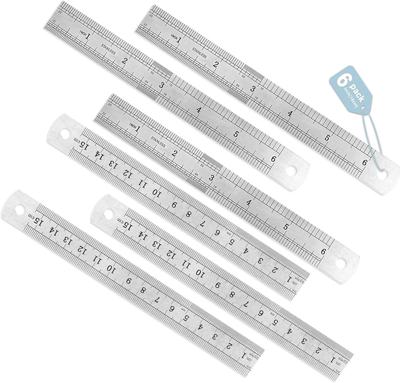 Paquete de 6 reglas de acero resistentes de 15 cm (6 pulgadas) | Mini Reglas de Medición de Metal, Marcas Claras, Resistentes al Óxido, Borde Recto de Metal de 15 CM, 1/64, 0,5 MM