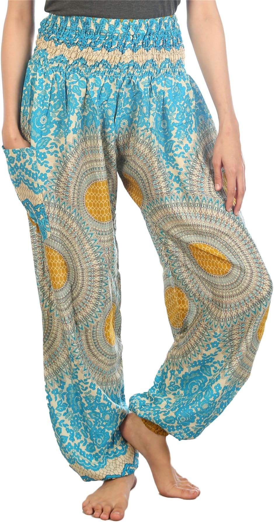 Lofbaz Women's Floral Boho Genie Aladdin Smocked Waist Harem Pants