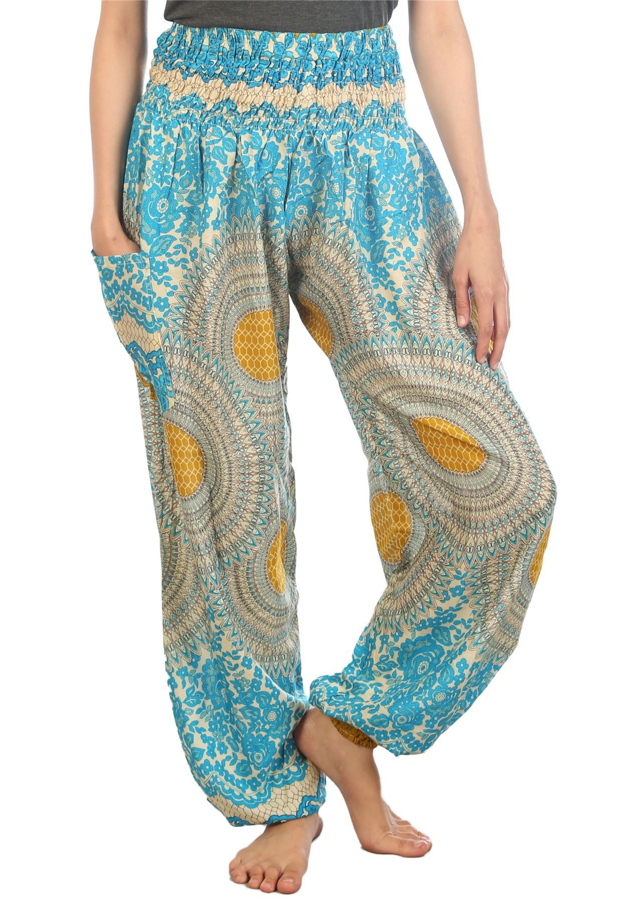 Lofbaz Women's Floral Boho Genie Aladdin Smocked Waist Harem Pants