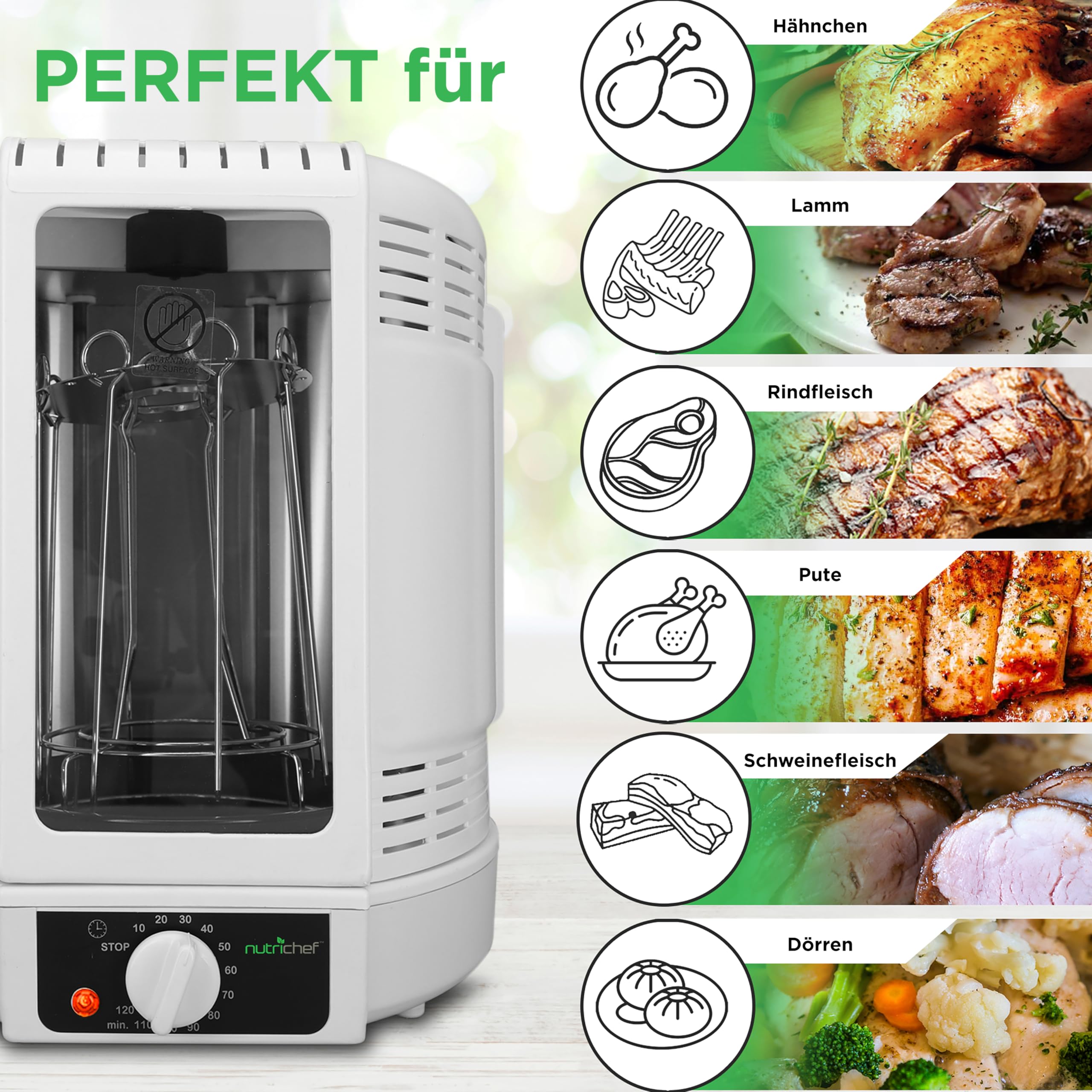 NutriChef Hähnchengrill mit Drehspieß – Weiß 700W Mini-Backofen Vertikal Elektrogrill Heißluft-Rotisserie für Hähnchen, Döner, Fleisch - Kompakt & Fettarm Inkl. Zubehör und Auffangschale