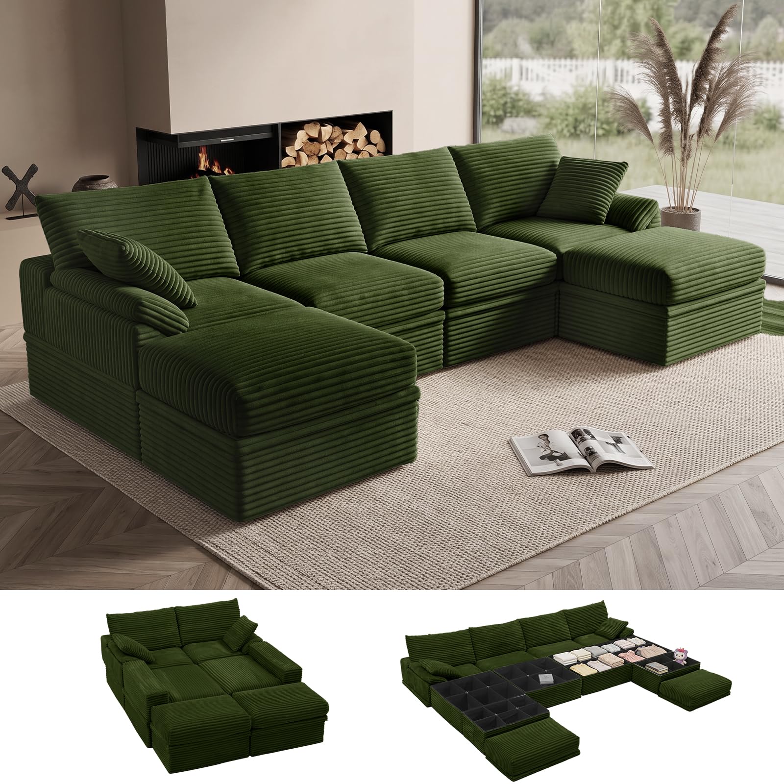 LOOFRA 142 Boneless Couch with Storage Extra-Deep U Shaped Corduroy Cloud Couch