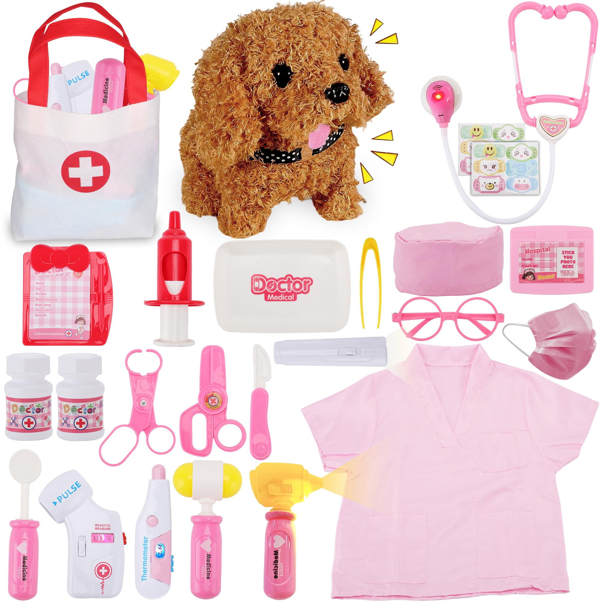 TEUVO Doctors Set for Kids, Children Pet Vet Care Play Set including Vet Doctor Costume, Dog Toys, Stethoscope