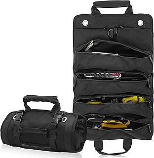 BQKOZFIN Roll Up Tool Bag, Heavy Duty Roll Up Tool Bag Organizer with 2 Detachable Pouches & 4 Large Tool Pouches, Tool Roll Pouch for Mechanic/Electrician/Motorcycle/Truck (Black)