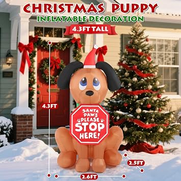 Christmas Inflatable Outdoor Decorations, 4FT Inflatables Dog Yard Decor with Hat & Sign, LED Lights Blow up Puppy Holiday Decorations for Indoor Outside Lawn Garden