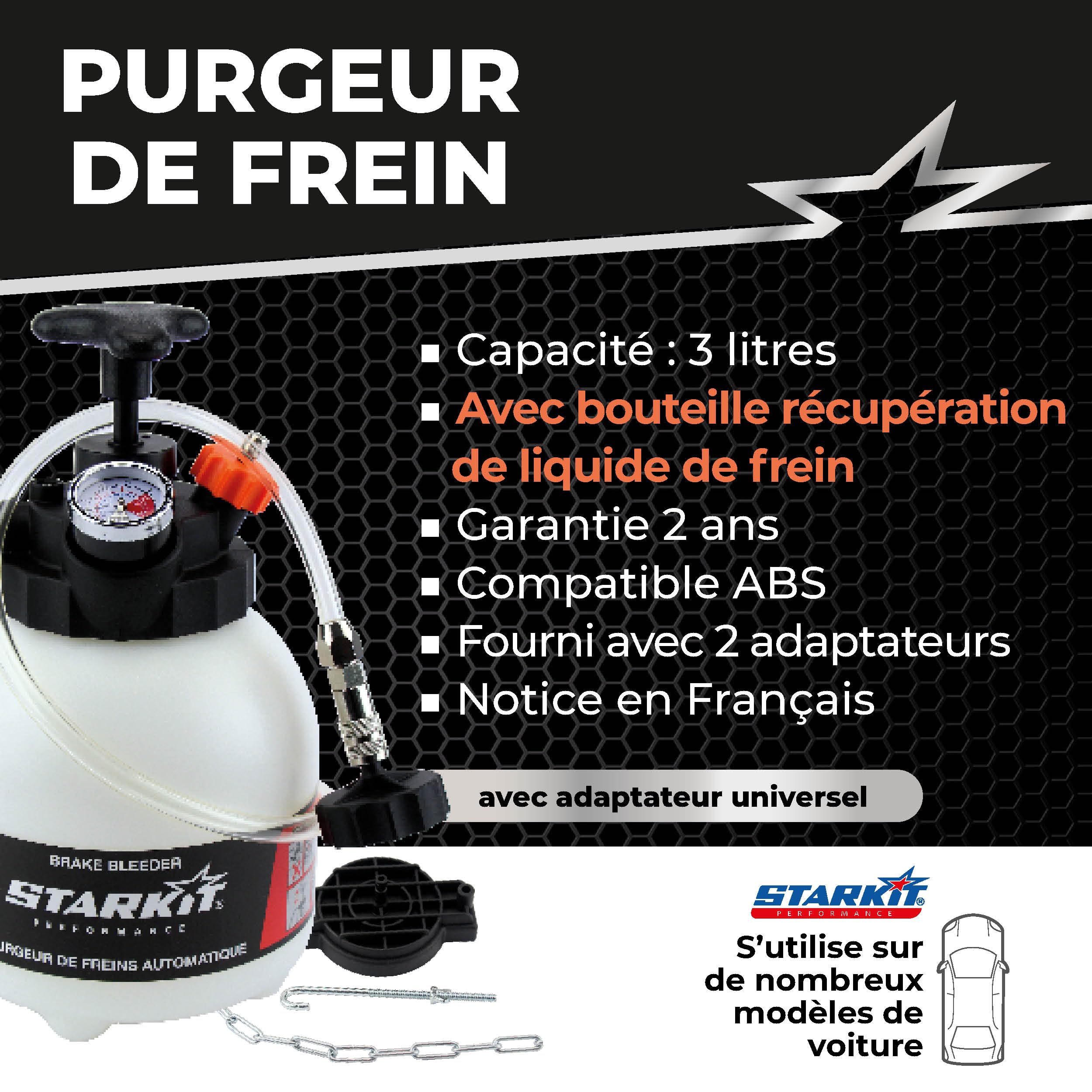 Purgeur de frein + bouteille de récupération liquide de frein (3 litres) AVEC ADAPTATEURS MULTIMARQUES. Purgeur de frein voiture | Purgeur de frein QUALITÉ PROFESSIONNELLE
