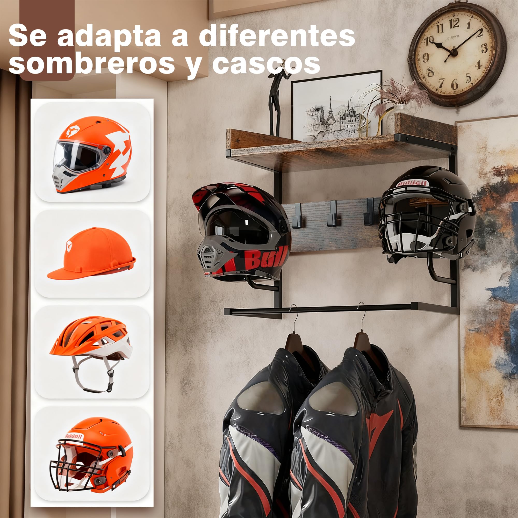 Soporte para Casco de Motocicleta, Organizador de Equipos para Moto, Anclaje Flotante con 4 Unidades de Ganchos para Montaje en Pared