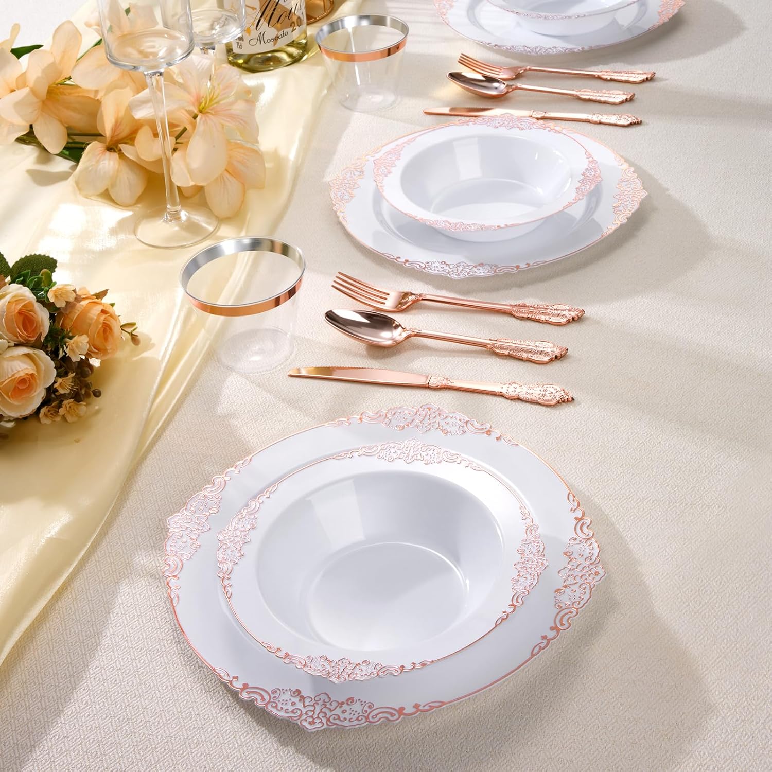 100 Pack White Plastic Bowls with Rose Gold Relief Rim, 12oz Plastic Salad Bowl, Disposable Bowls for Party, Dinners, Weddings, Christmas, Thanksgiving, Valentine's Day