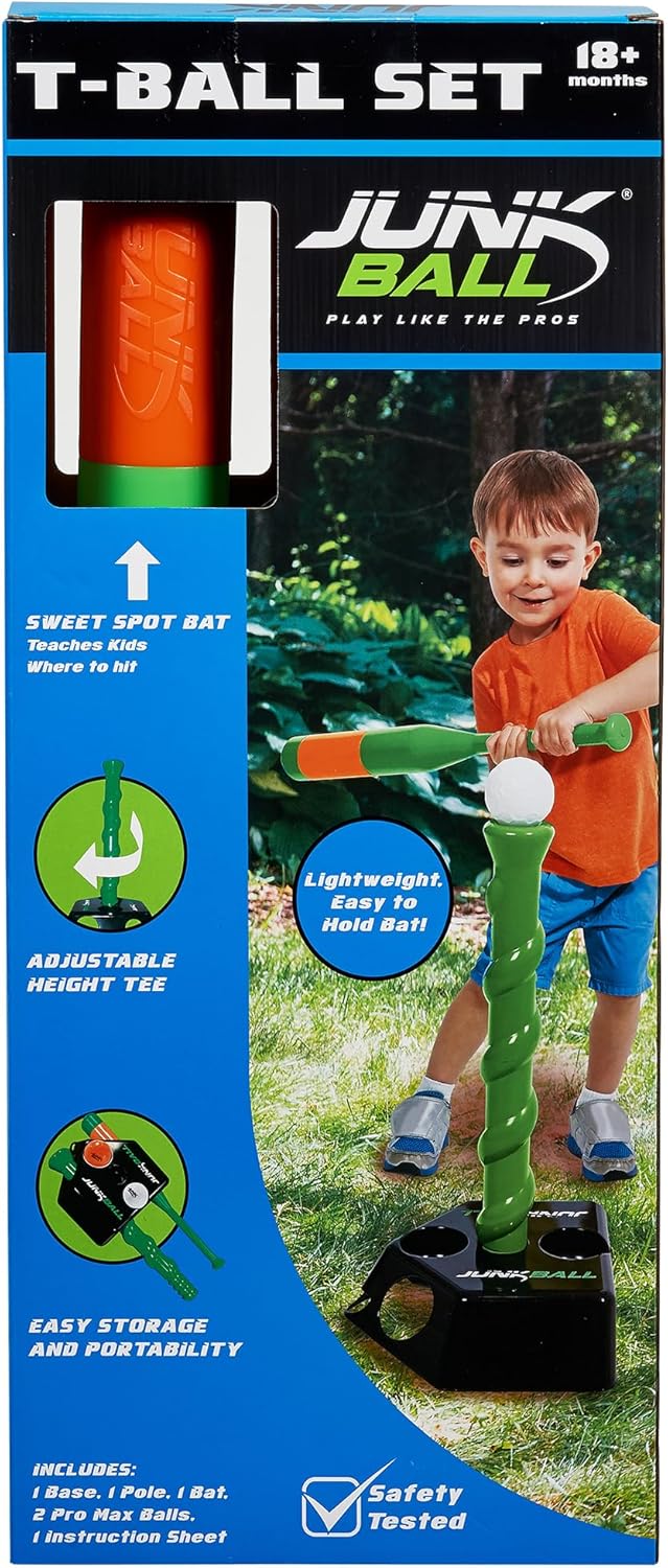 Junk Ball: T-Ball Set - Adjustable Height, Lightweight Bat & Pro Max Balls, Beginners Baseball, Backyard Sport, Outdoor Activity, Toddler-Kids 18 Mo+