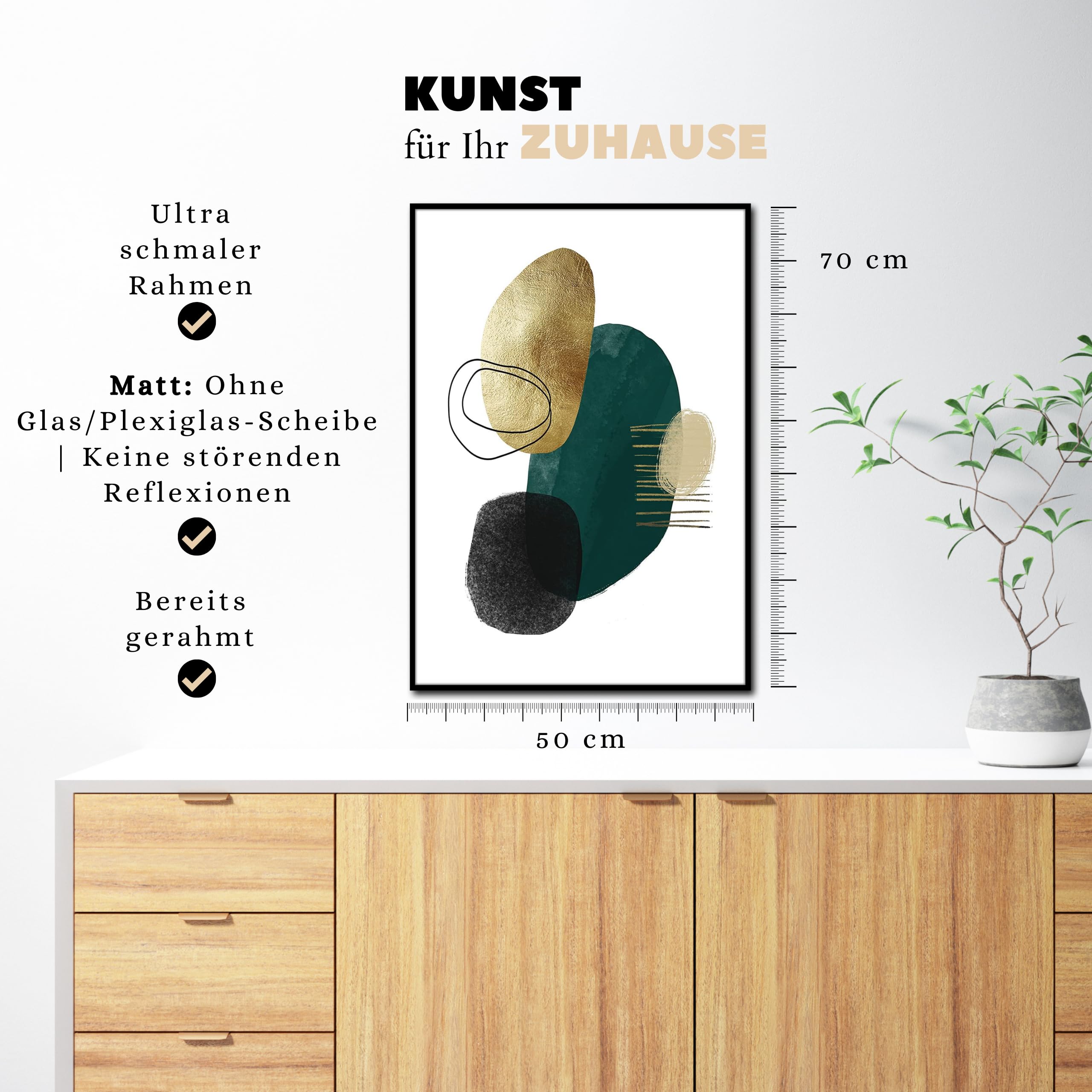 Bild mit Rahmen abstrakt Green Shape 2 | schwarzer Holzrahmen Optik | modern Kunst | farbig Linien und Formen fein | Wohnzimmer Schlafzimmer Arbeitszimmer Büro | schwarz grün gold | 50 x 70 cm