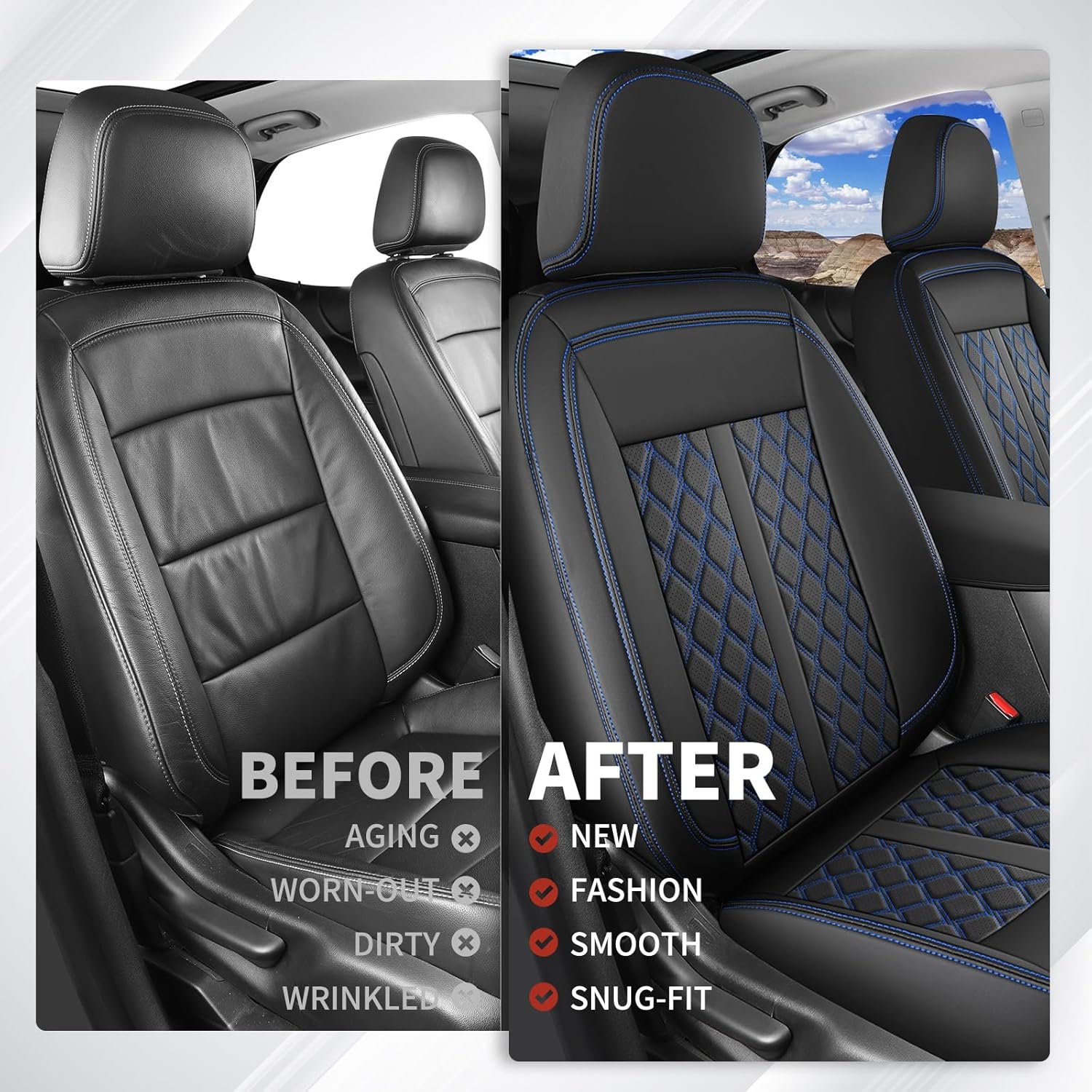 Huidasource 2022-2025 Frontier Seat Covers Full Set, Full Coverage Waterproof Seat Cushion Protector for Nissan Frontier S SV PRO-X PRO-4X SL Crew Cab (Fullset/Black&Blue)