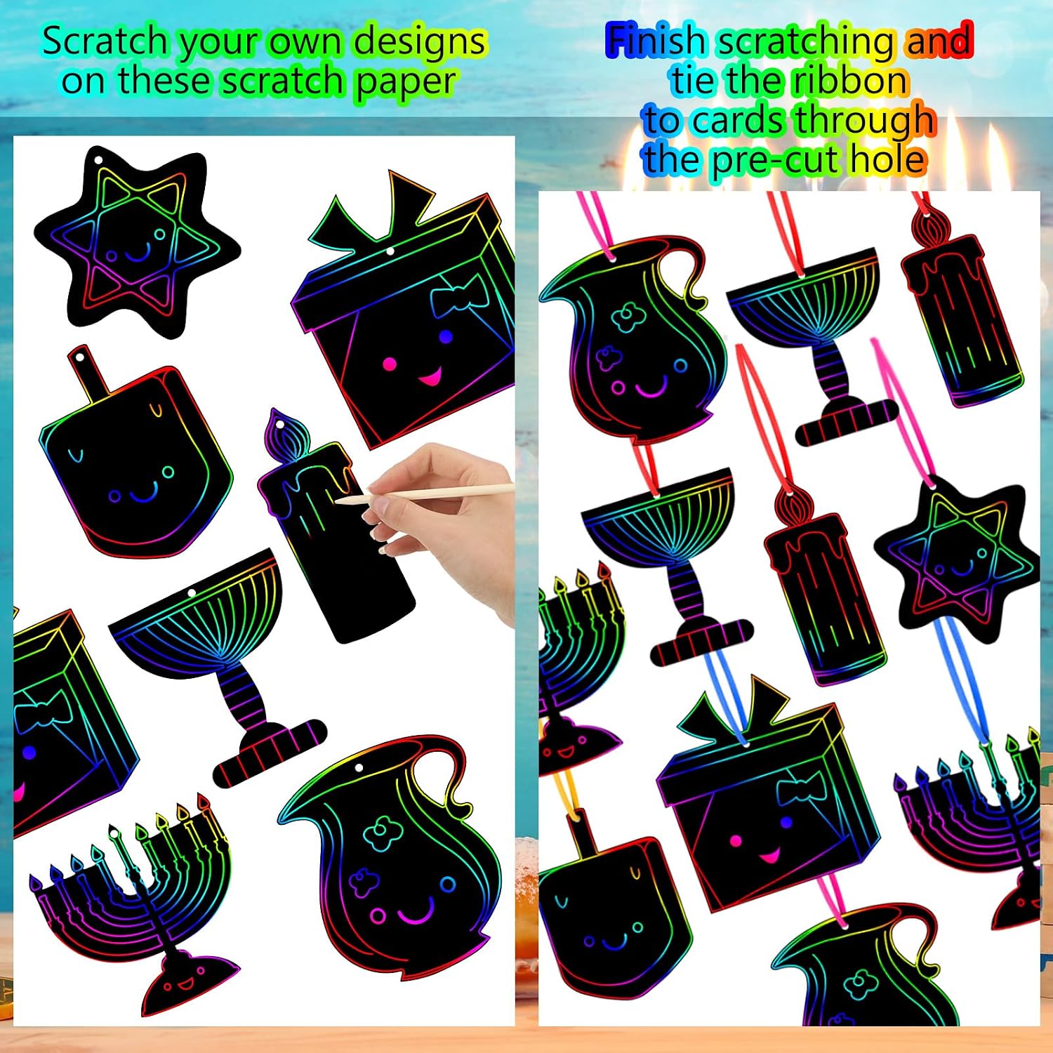 Qilery 64 Pcs Hanukkah Scratch Cards, Rainbow DIY Craft Kit with Styluses image 3