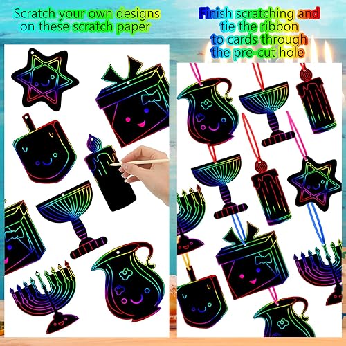 Miniatura 3 de Qilery Juego de 64 tarjetas rascadoras de Janucá para manualidades, suministros de fiesta de Hanukkah, color arcoíris con lápices de madera, kit de