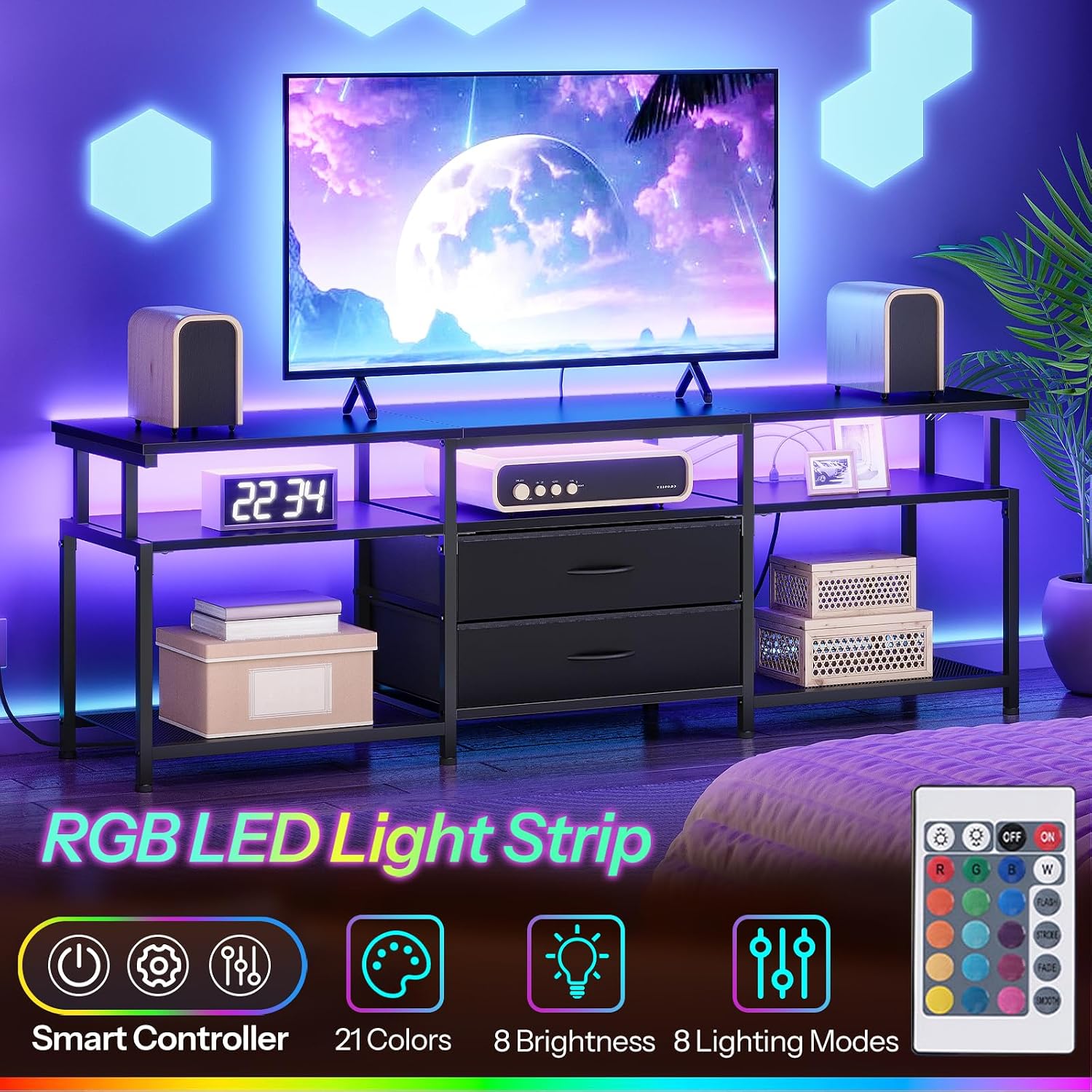 HOOBRO TV Stand with LED Light and Power Outlet for TVs Up to 75 Inch image 4