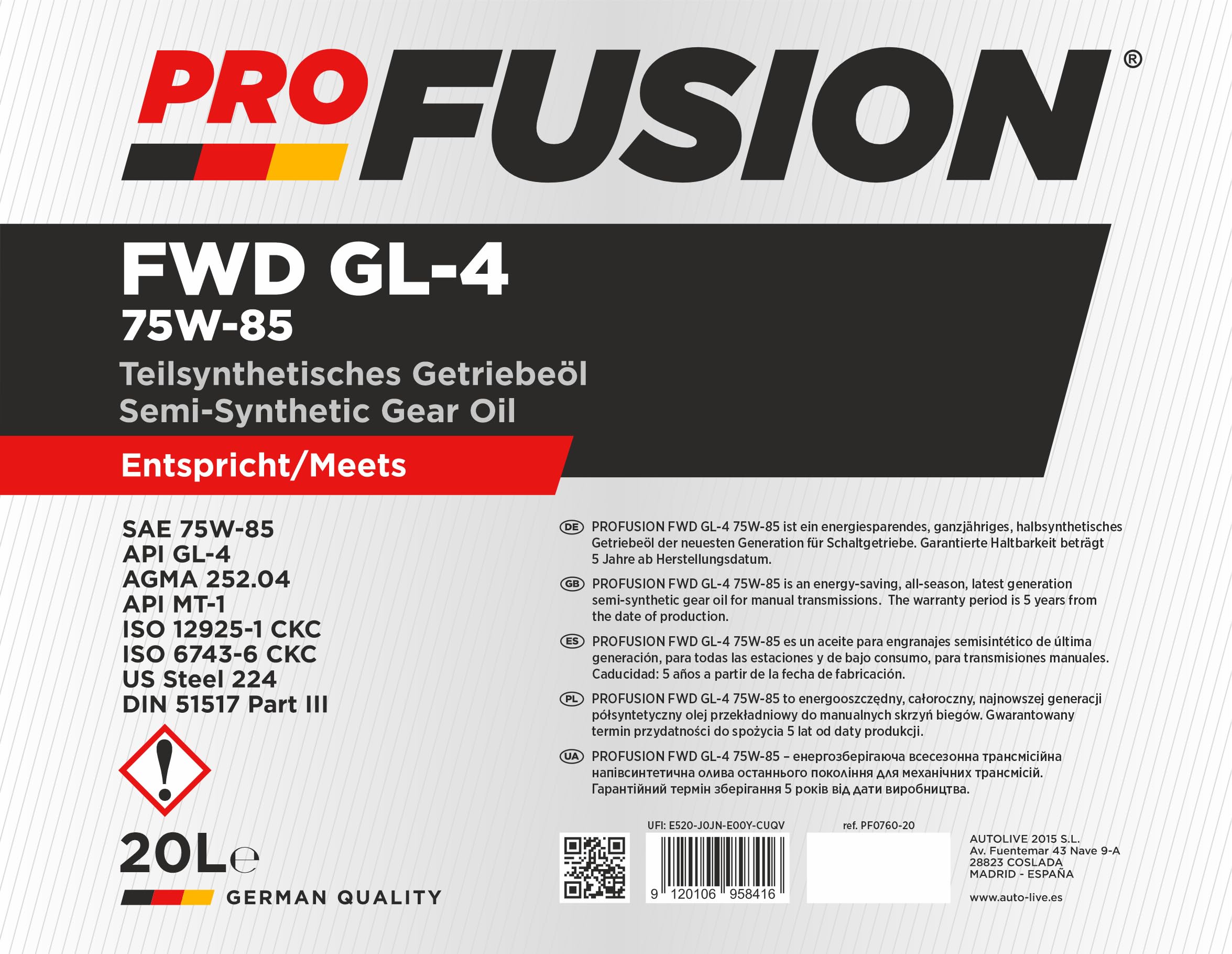 ProFusion 75W-85 60L (Pack de 3 x 20L) – Aceite de Transmisión Semisintético para Cajas Manuales y Mandos Finales – Ahorro Energético, Protección Antidesgaste y Larga Duración – API GL-4/MT-1