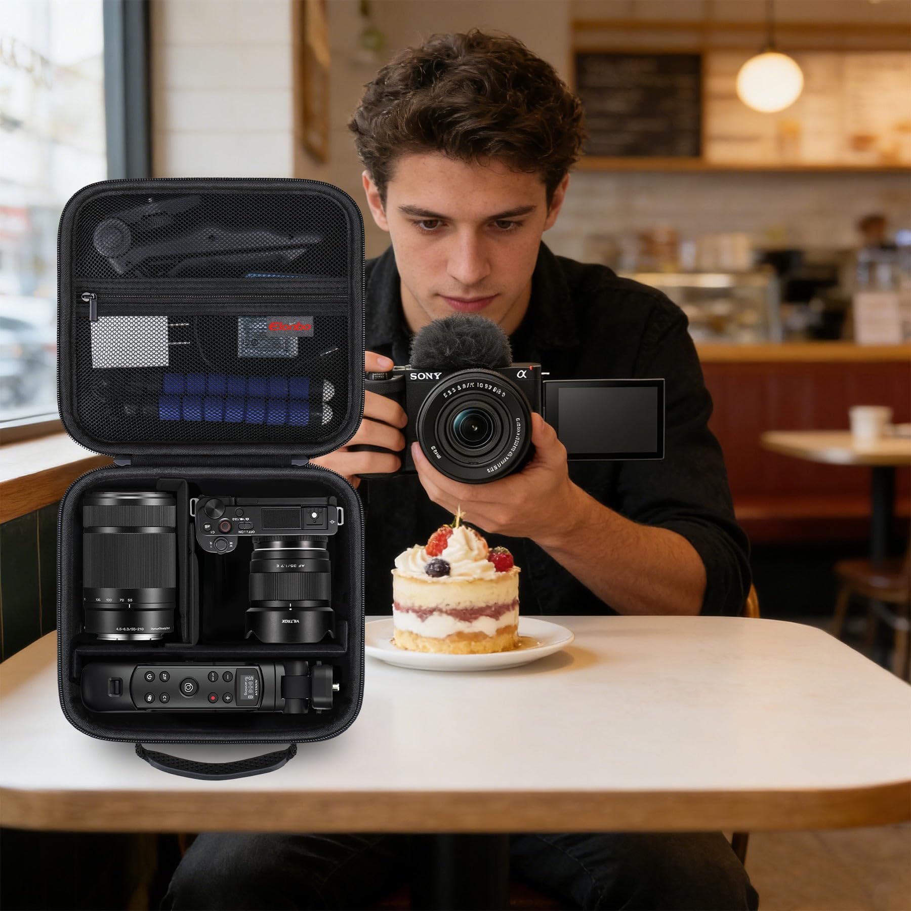 Elonbo Sacoche de Transport pour Appareil Photo Hybride Sony ZV-E10 / ZVE10 II, Sac de Voyage Rigide et Portable pour Appareil Photo numérique. Noir