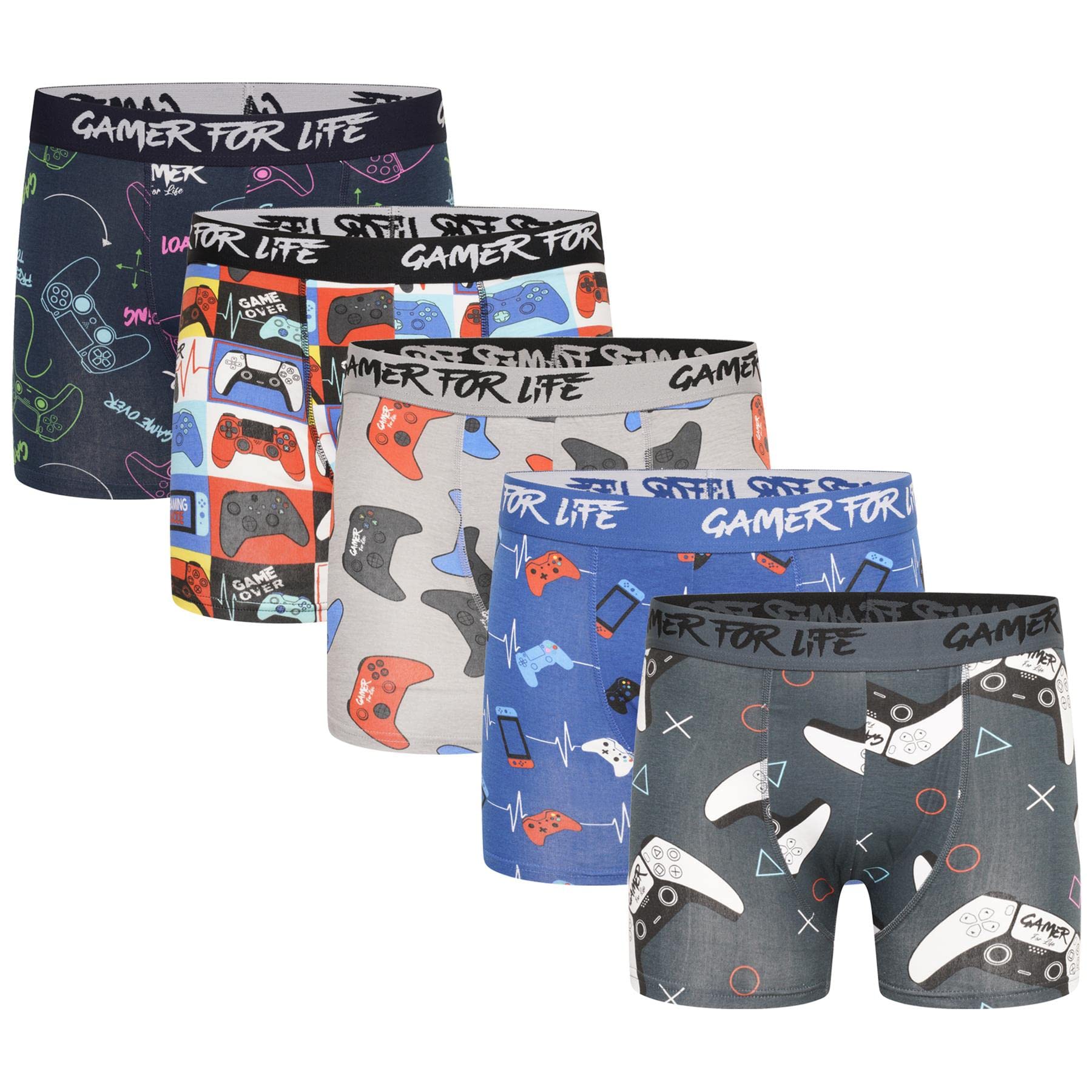 Mens Gamer For Life Boxer Trunks - 5 Pack - Jacquard Waistband - Gaming Controller Design - 95% Cotton, 5% Elastane - S M L XL 2XL