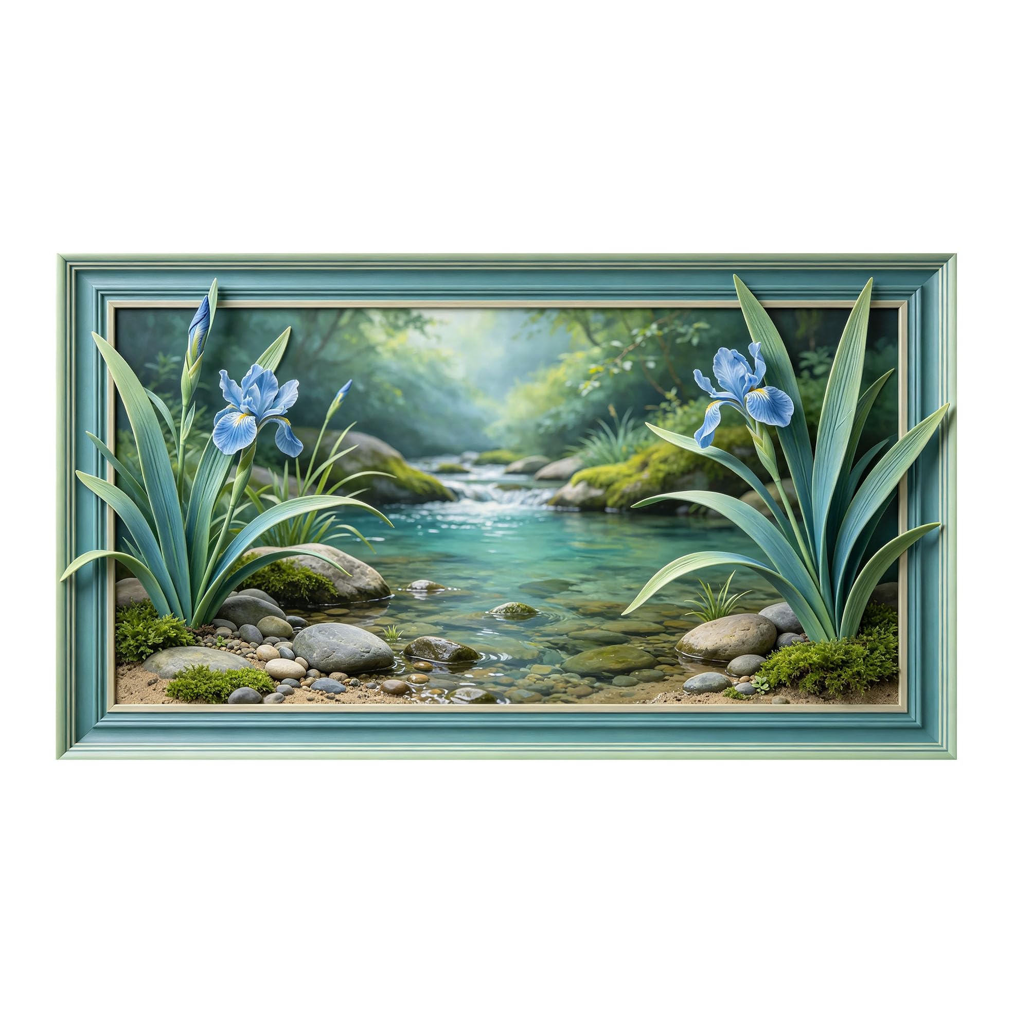 Murasolite 3D Framed Wall Art Forest Stream Landscape Waterfall Botanical Oil Painting SelfAdhesive Fabric Mural Wall Decor,No Damage to Wall,AntiFall Safe Design for Bedroom Living Room