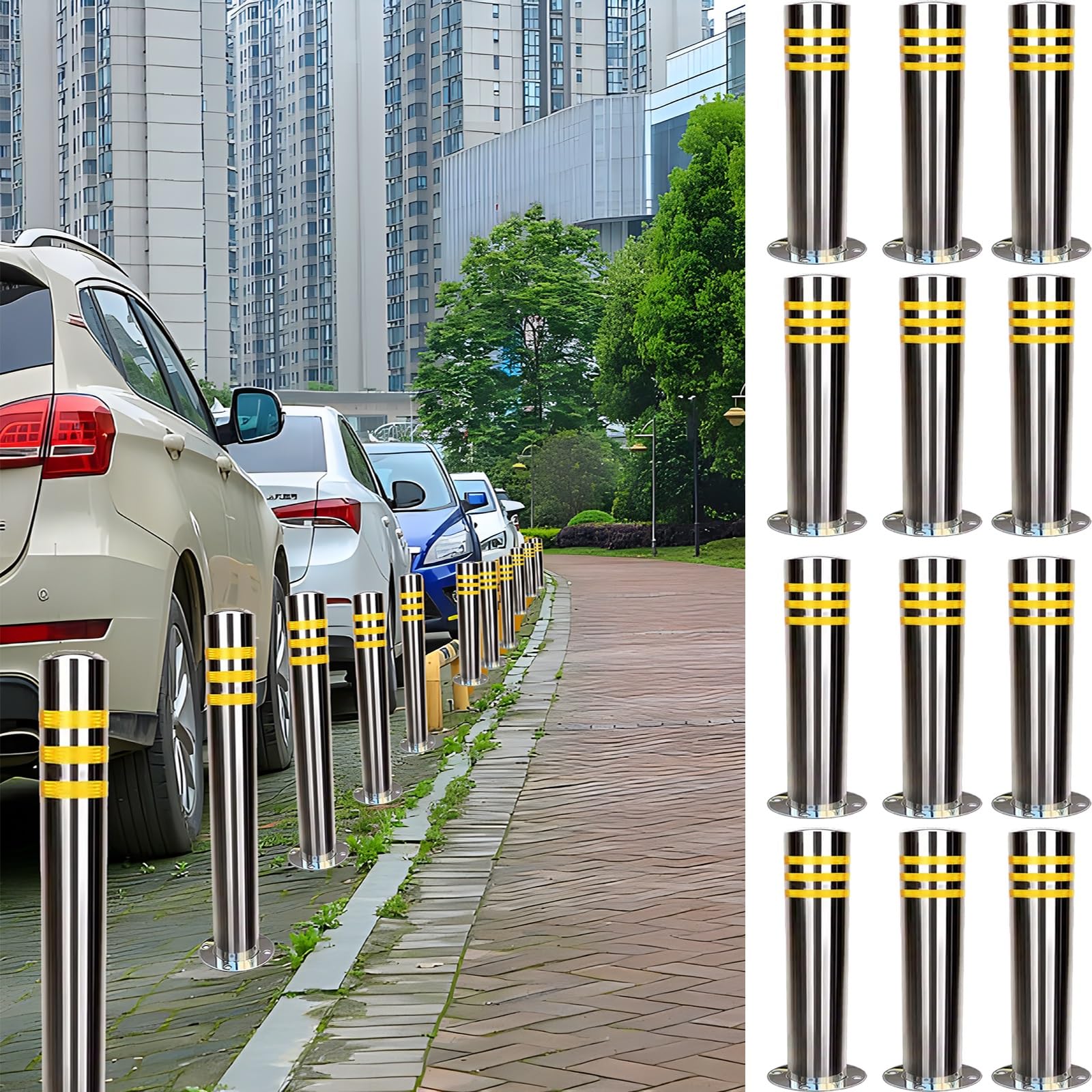 Cono de tráfico, Cono de construcción, delimitador de tráfico, Poste de estacionamiento, Poste de Barrera con Base lastrada, bolardos de Seguridad de Tubo de Acero para e,H23.6in 12Pack