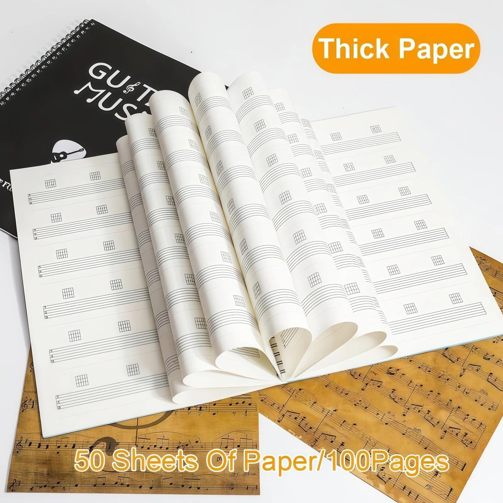 JYCSTE Cuaderno de partituras en blanco, cuaderno de tablatura de guitarra, cuaderno de papel manuscrito, hojas para notación de acordes musicales, cuaderno de guitarra, escritura de canciones