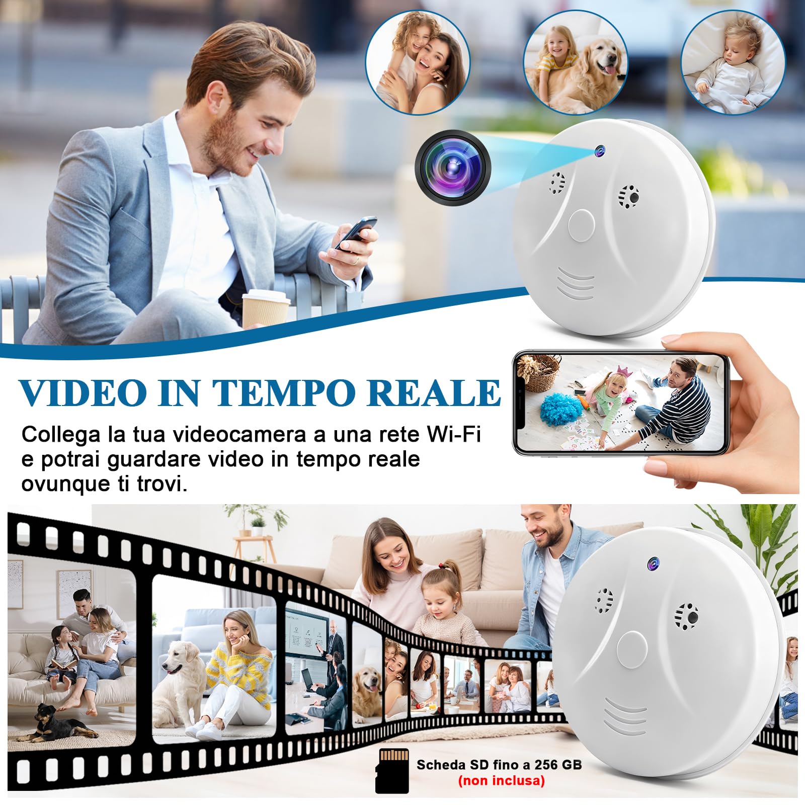 Telecamera Nascosta Wi-Fi a 2,4 e 5 GHz, Telecamera Nascosta Rilevatore di Fumo, Mini Telecamera Nascosta WiFi, Telecamera Spia Nascosta HD 1080P con Rilevamento del Movimento e Visione Notturna