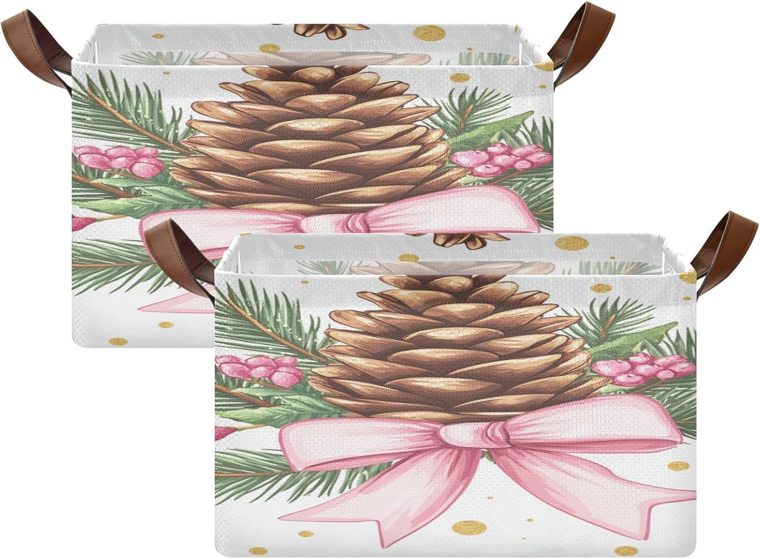 Pine Cone Christmas 2 Pack Fabric Storage Bins for Shelves Collapsible Cube Storage Bin Basket Storage Cubes with Handle Under The Bed Storage Bins for Home Office Clothes Closet