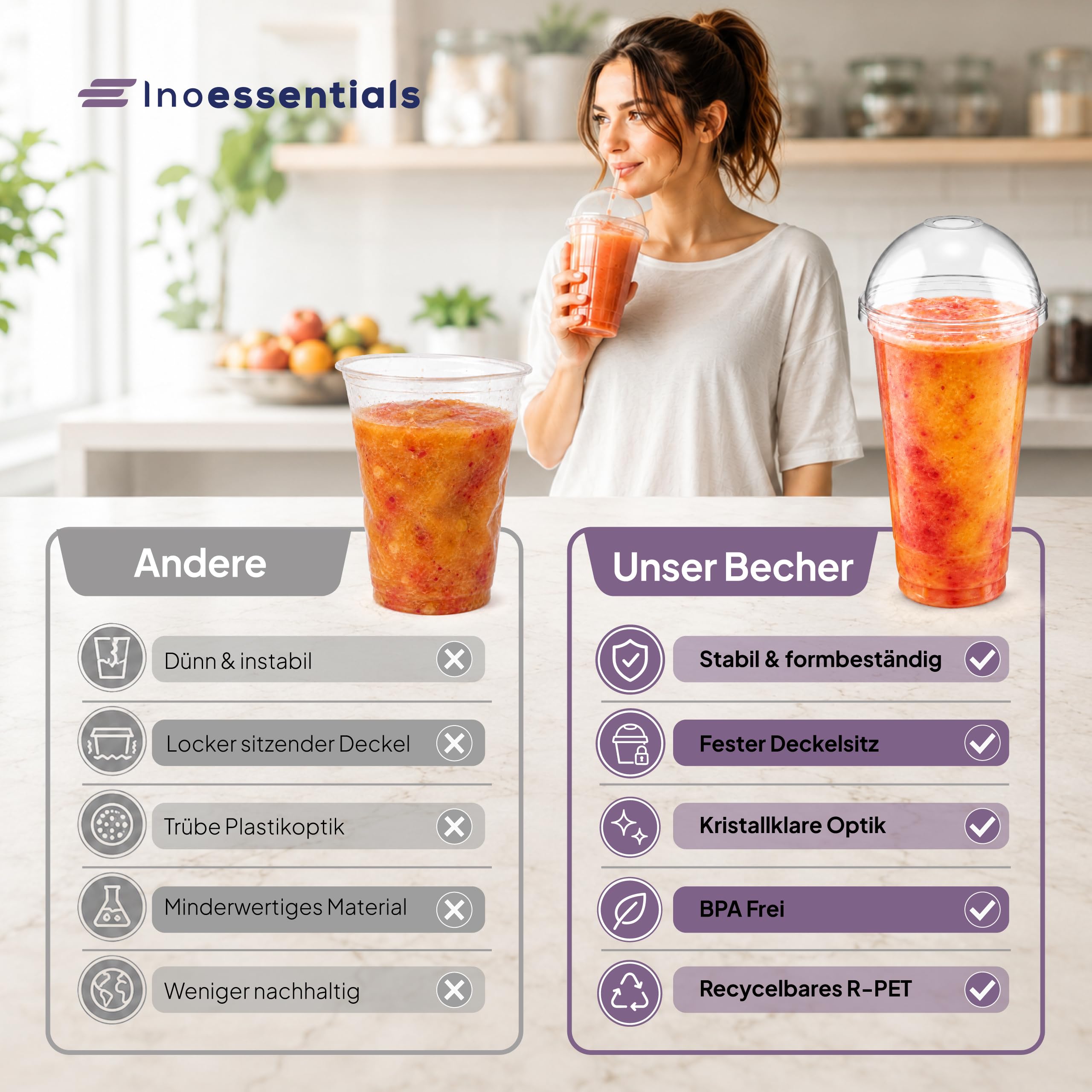 Inoverse Juego de 800 vasos para batidos, 200 ml, con tapa | Taza de postre, taza de café helado, transparente R-PET, apertura para pajita, ensalada de frutas, yogur y eventos