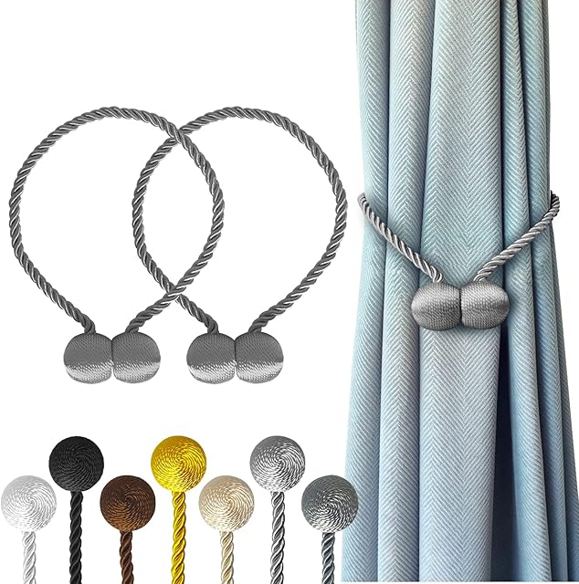 Hion Magnetic Curtain Tiebacks Grey 2 Pack, Curtain Tiebacks Buckles Holdbacks Holders Hooks Clip for Home Bedroom Office Decorative Thick or Thin Curtain