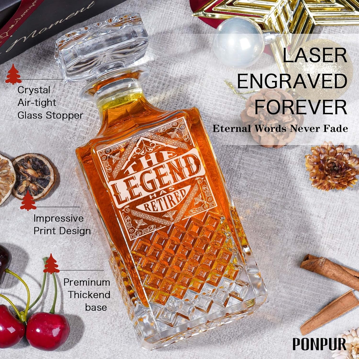 PONPUR The Legend Has Retired 2025 Retirement Gifts for Men Women, Whiskey Decanter Gift Set with 2 Whisky Glasses, Best Christmas Birthday Presents for Dad Coworkers Teacher - Image 3