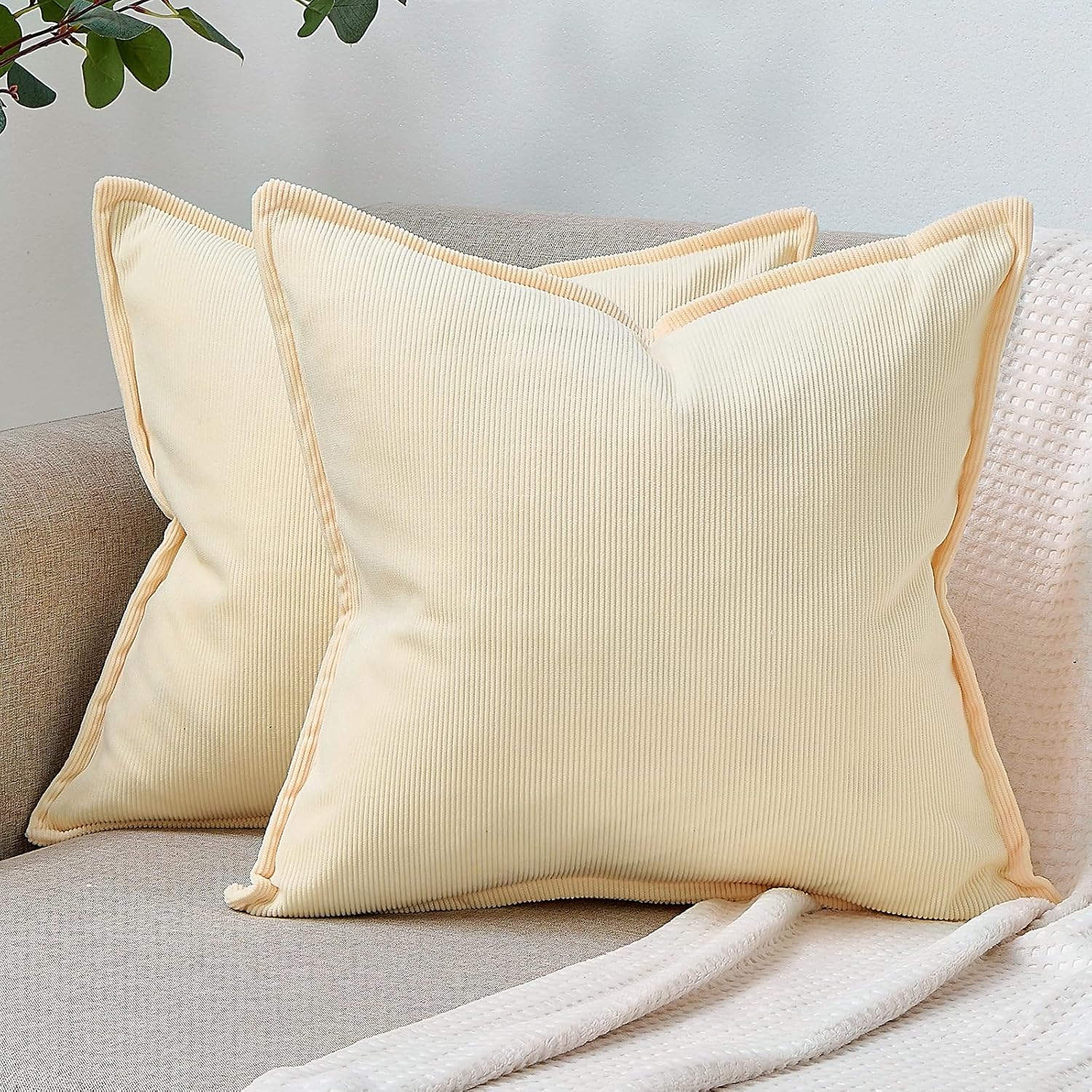 Cushion Covers Sofa 40 x 40 Corduroy Striped Beige Cushion Covers Modern Elegant Square Decorative Cushion Covers for Sofa Bed Living Room Bedroom Home Pack of 2