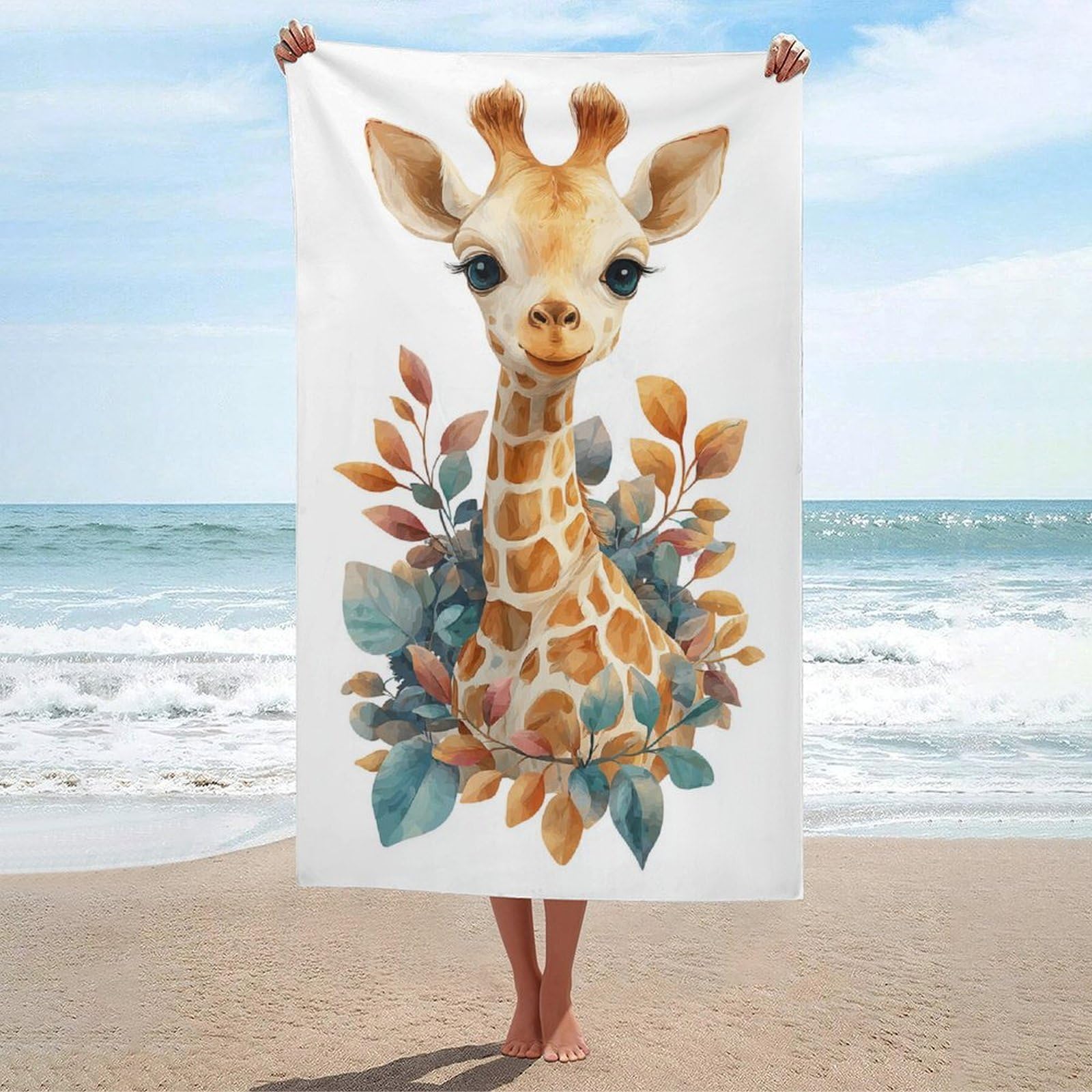 asbwuo Cute Giraffe Watercolor Foliage Beach Towel