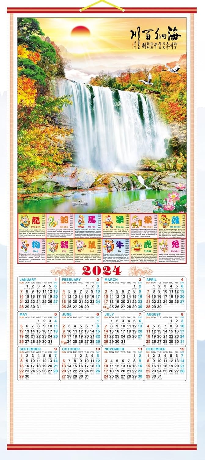 2024 Chinese Wall Scroll Calendar w/Picture of Waterfall for Year of Dragon